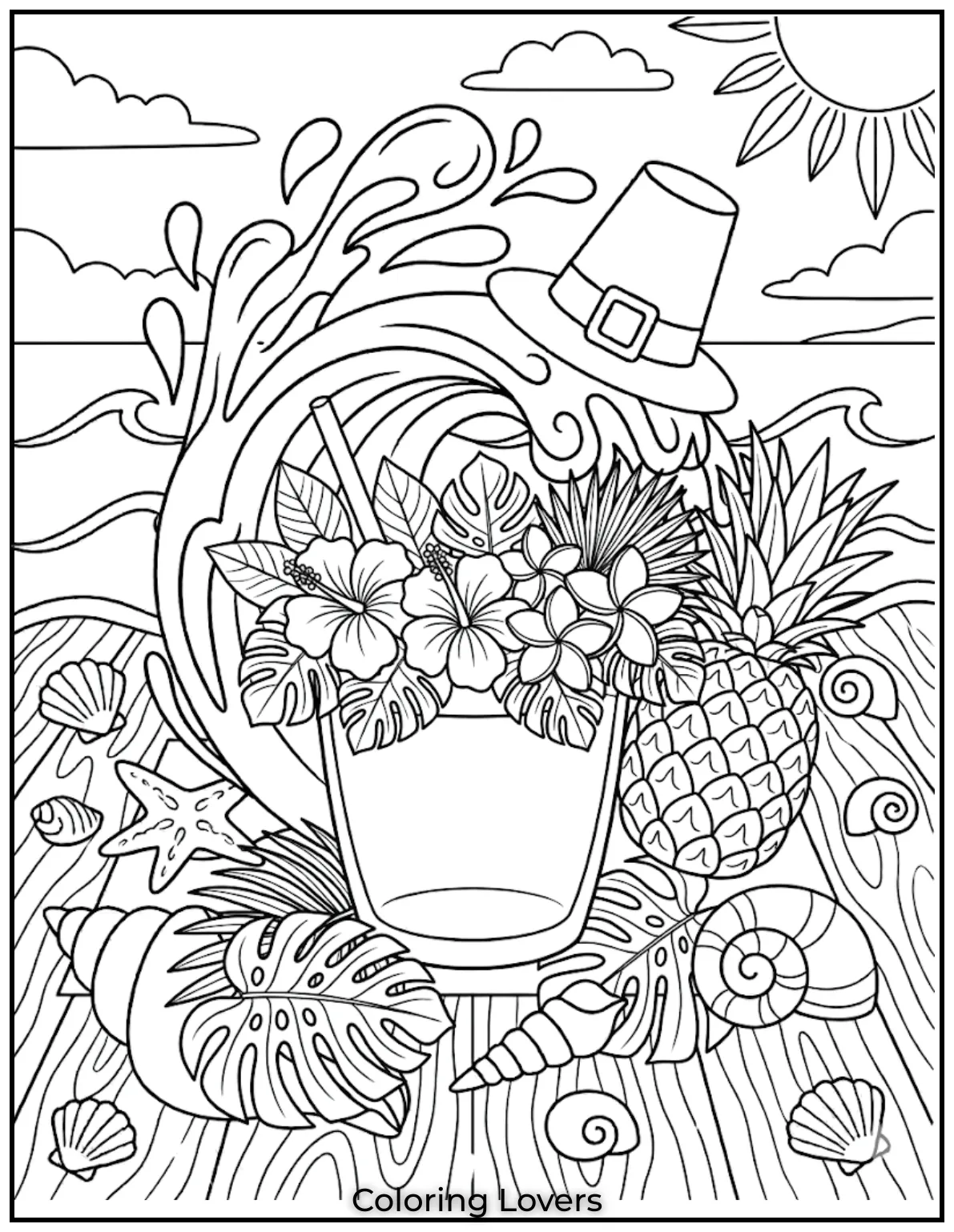 Flower Crown PineapplePineapple juice glass with flower crown rim and tropical leaves designed for creative coloring joy