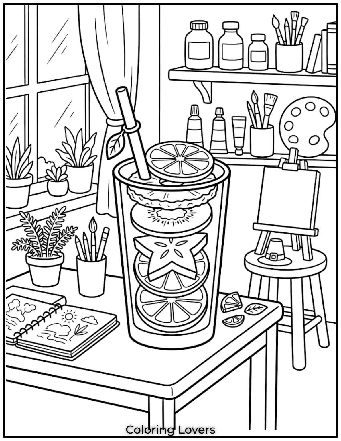 Stacked fruit slices inside glass creating colorful tower style drink perfect fun coloring idea page