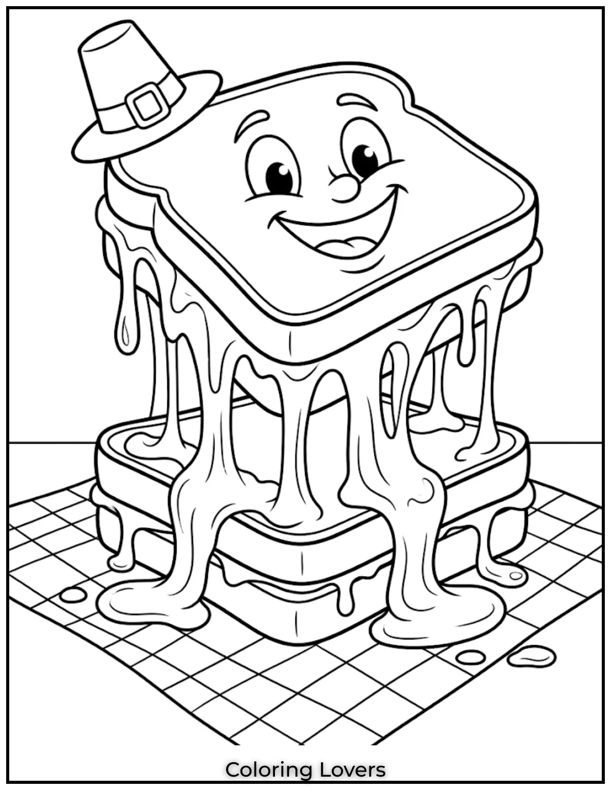 Melting cheese stretches dramatically outside bread, making coloring pages look silly, warm, and extra delicious today.