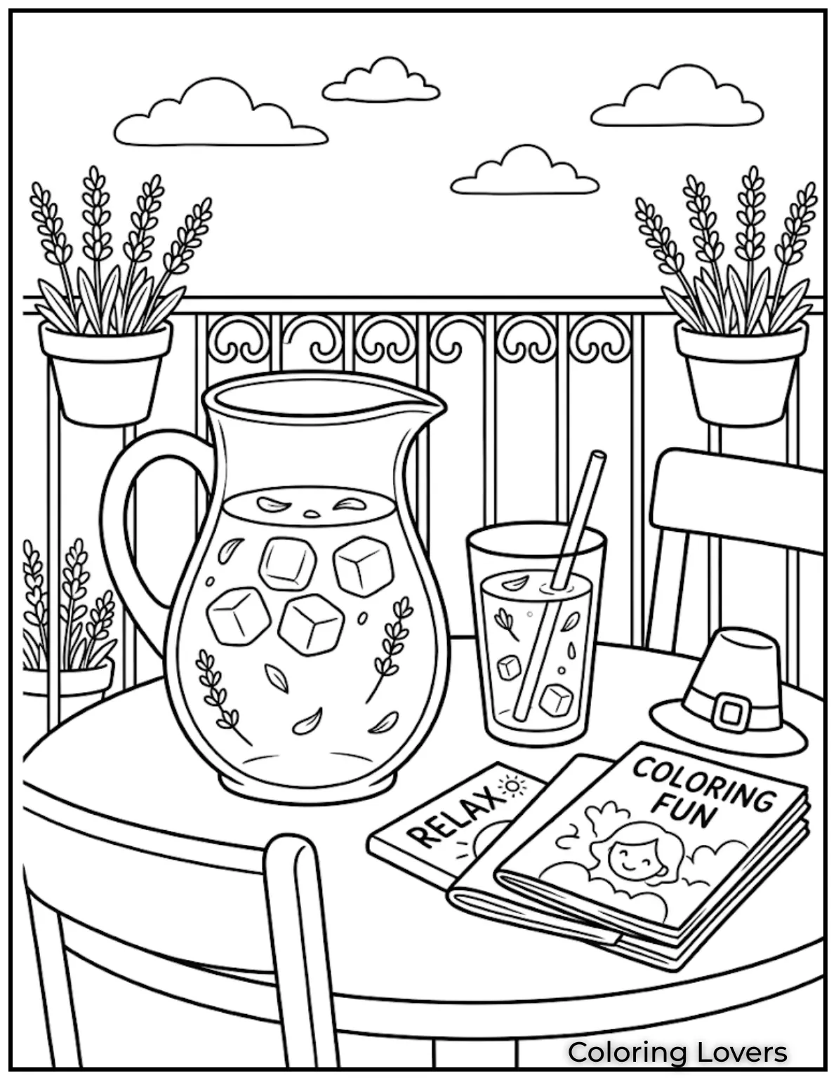 Lavender Lemon SpritzLavender lemonade glass with petals ice cubes relaxing balcony table magazines and summer sunlight vibe