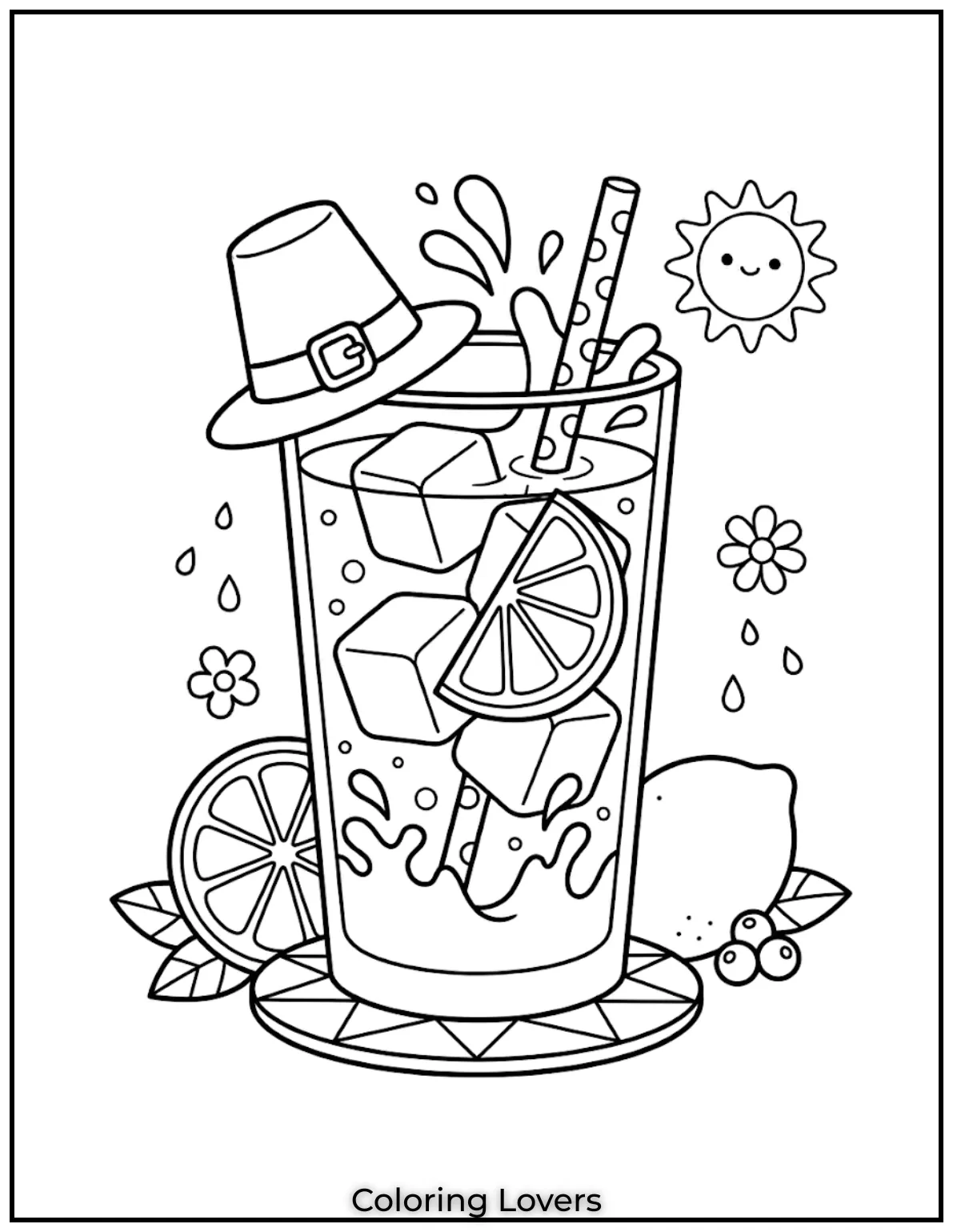 Lemon Splash DrinkSimple lemonade glass with bold lemon slice and splash style design for kids coloring pages