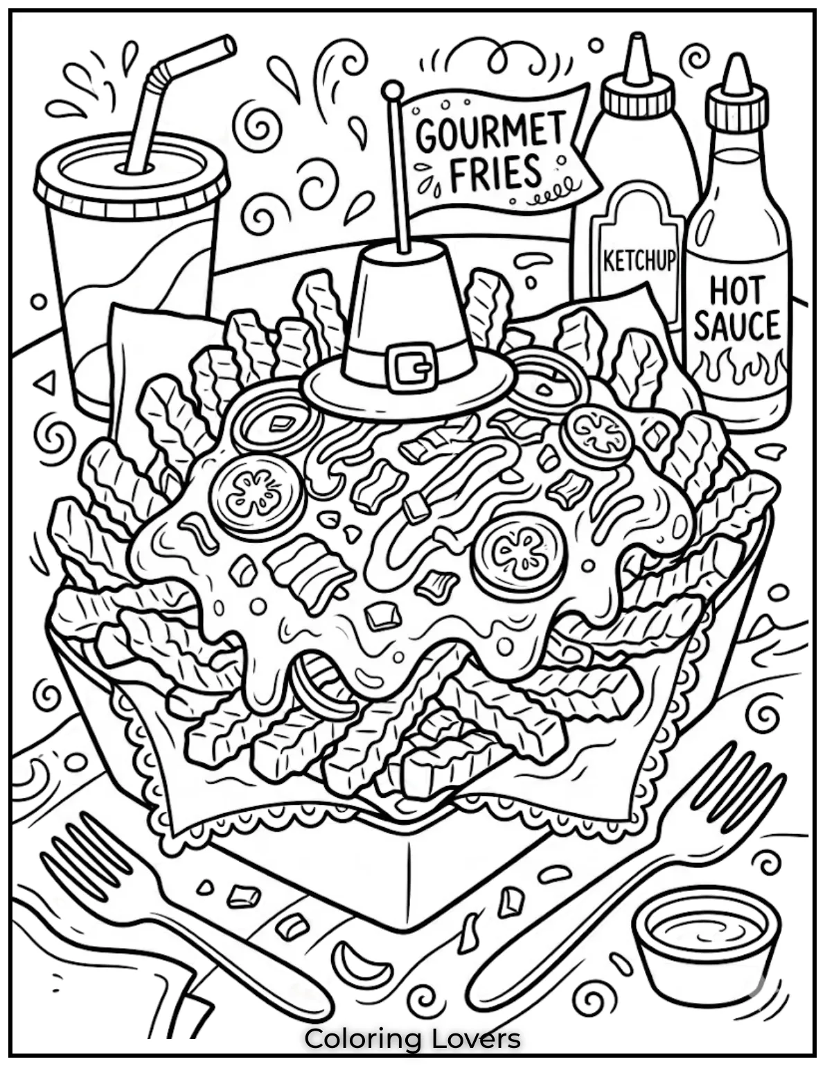 French fries coloring pages show loaded fries with cheese onions jalapeños in gourmet style.