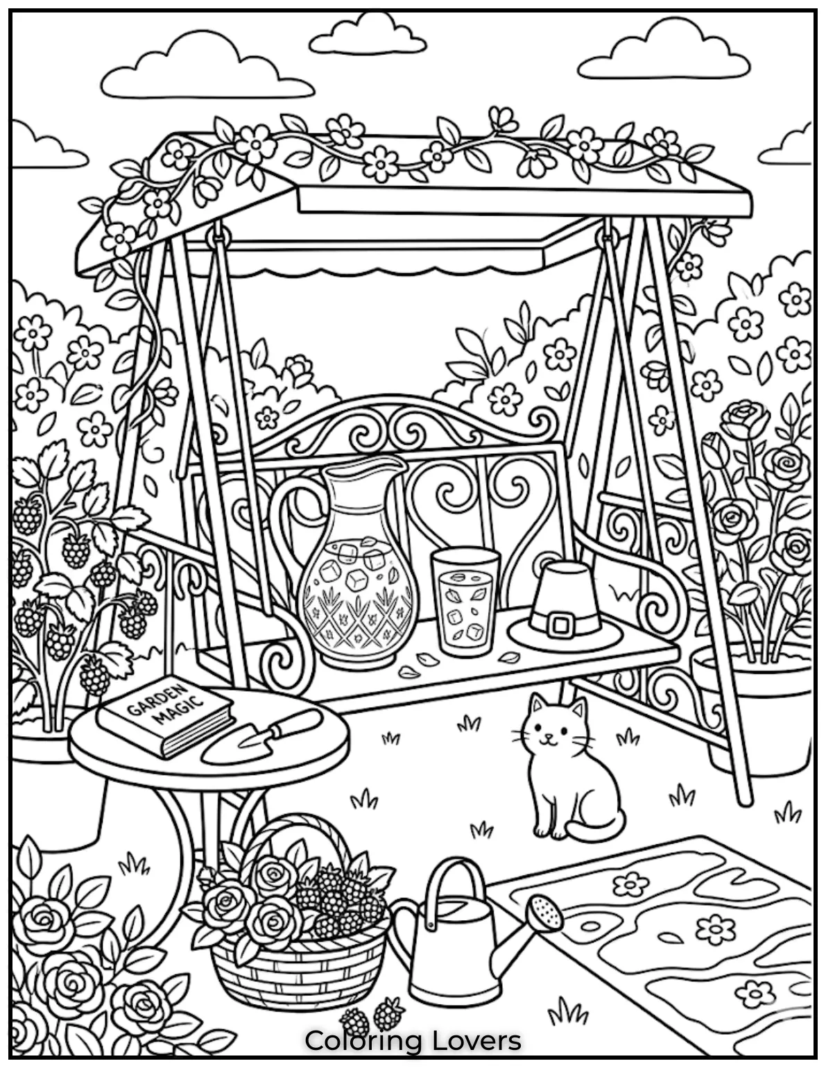 Raspberry Rose SparkleRaspberry rose soda with floating petals set in peaceful garden with white fabric swing scene