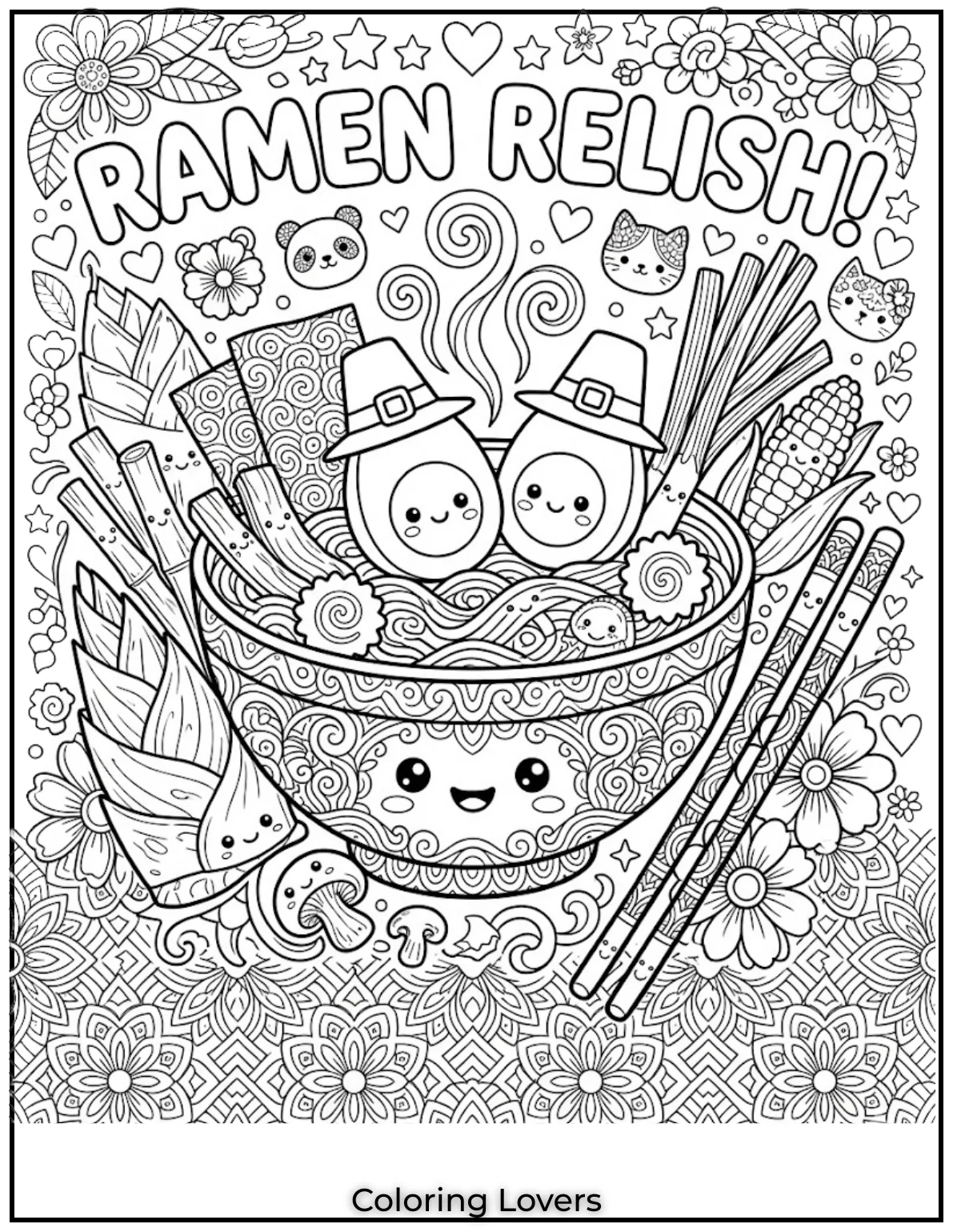 Ramen Bowl SmilesDetailed ramen bowls feature smiling eggs. Adults enjoy relaxing coloring sessions using adorable kawaii noodle food designs.