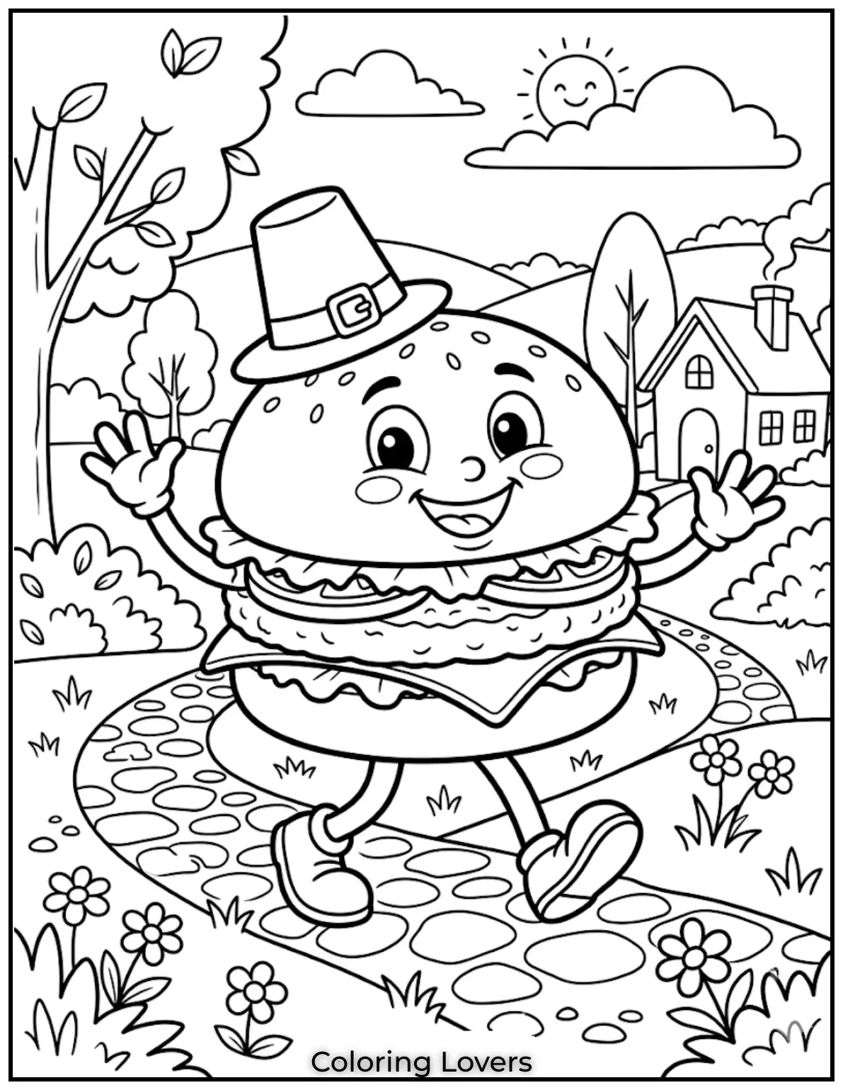 A walking burger character looks lively and fun bringing motion to coloring imagination scene page