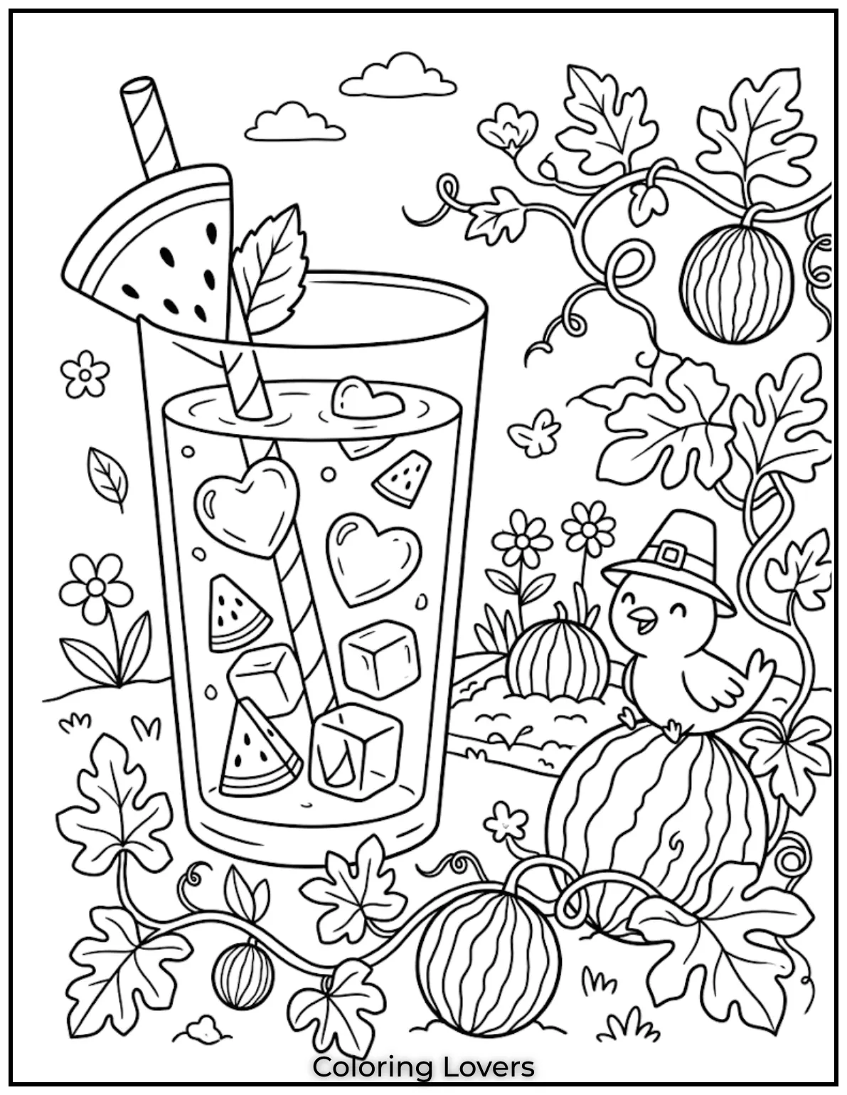 Watermelon Lemonade JoyWatermelon lemonade with heart shaped ice cubes inside melon garden with climbing plants and sunshine