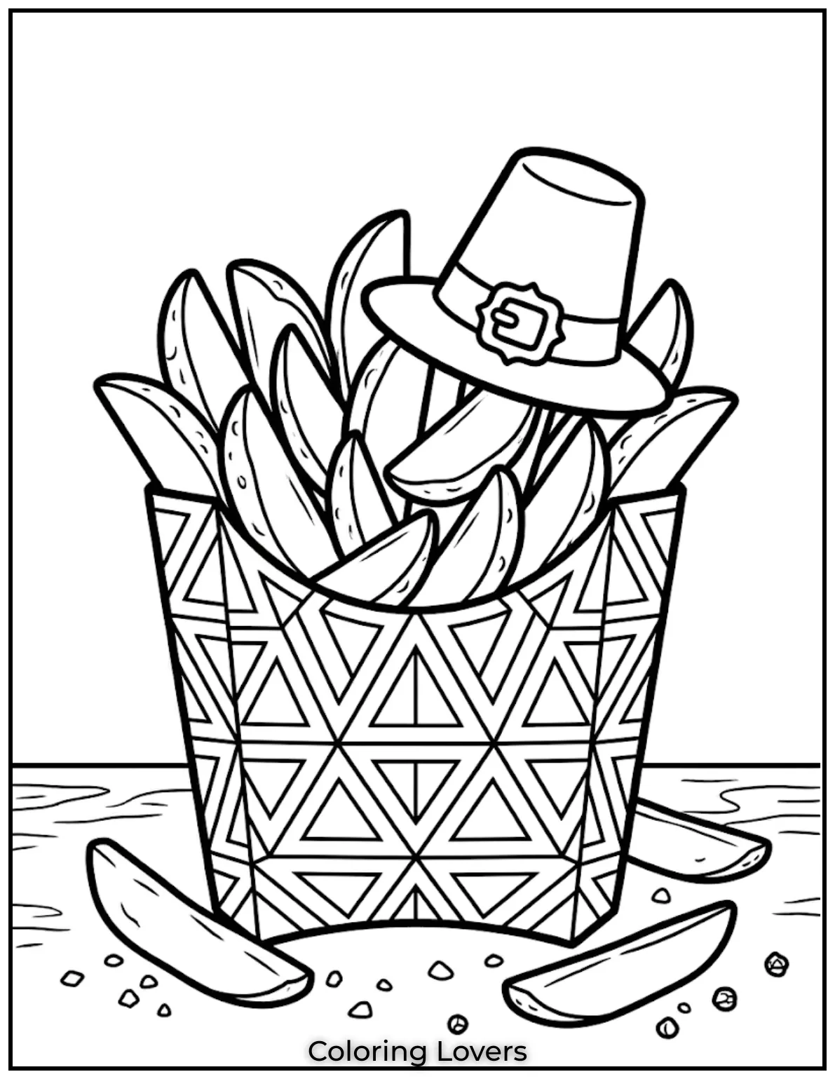 French fries coloring pages show thick wedge cut fries in bold snack illustration style.