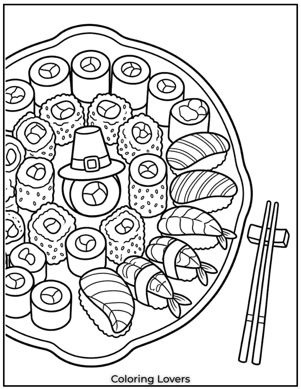 Cute Sushi Coloring Pages All Will Absolutely Love 15 An assorted sushi coloring page features many varieties, offering endless sheets for kids.