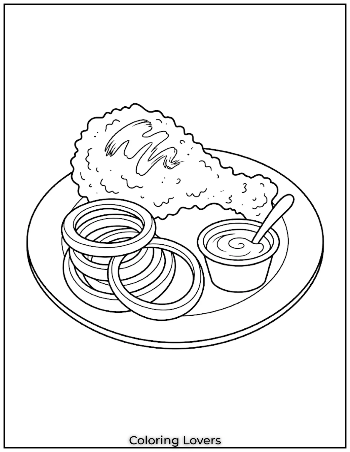 Fried Chicken Coloring Pages That Kids Absolutely Love! 11 BBQ fried chicken coloring pages show smoky sauce coated chicken served with onion rings and dips