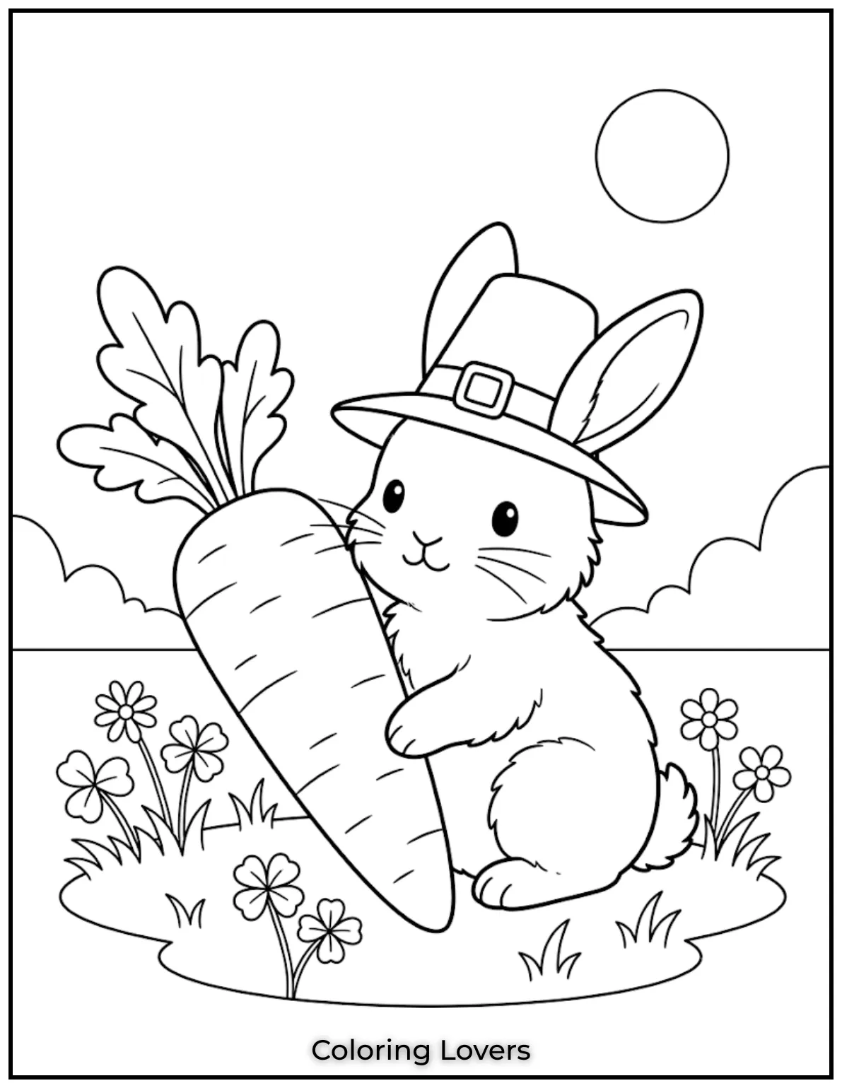 Carrot Coloring Pages That Kids Absolutely Love to Print 18 This carrot coloring page features a baby bunny sitting beside a fresh carrot happily.