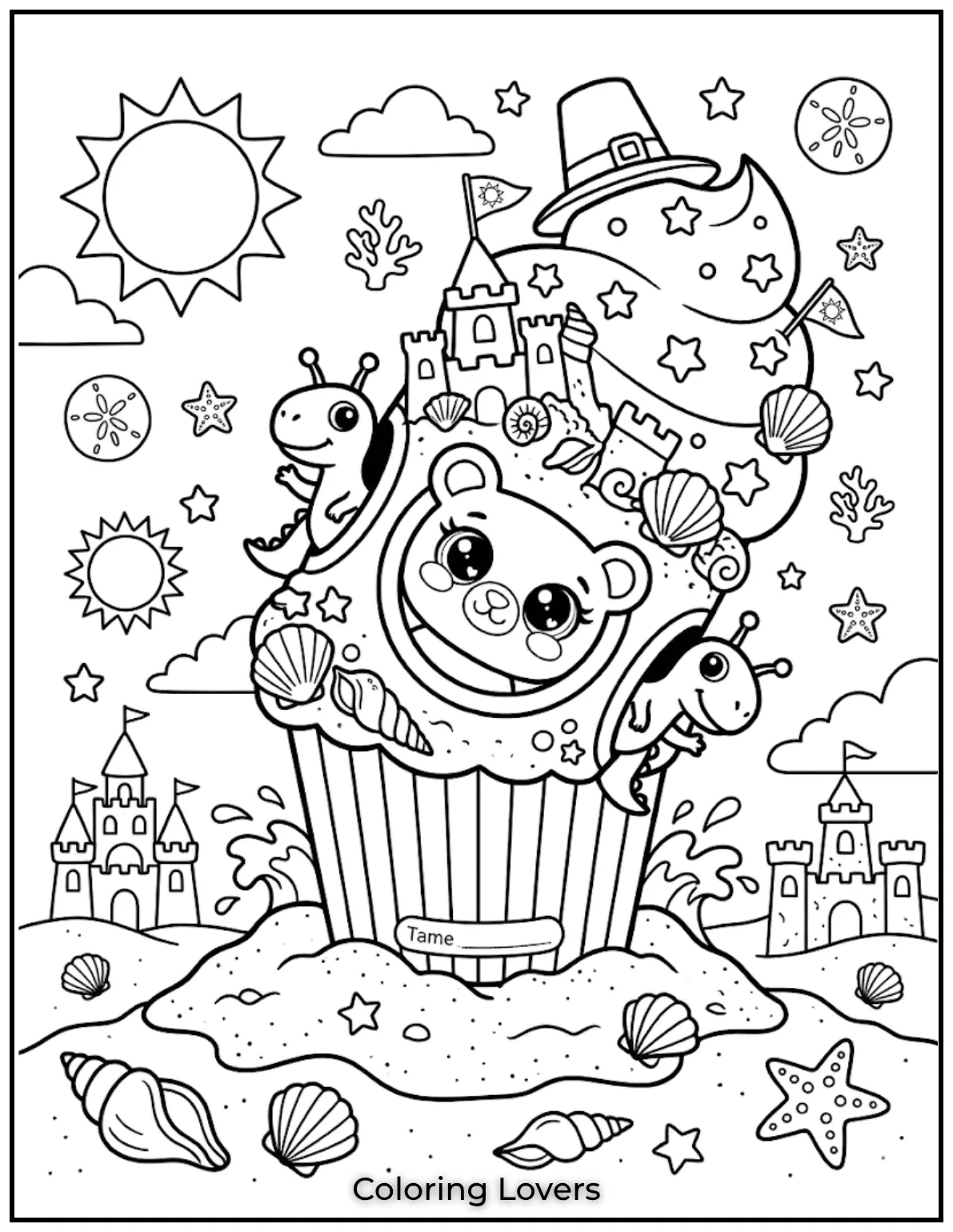 Surprising Cupcake Coloring Pages 14 Beach cupcake coloring page shows sandcastle cupcake, seashells, sun, and playful summer theme.