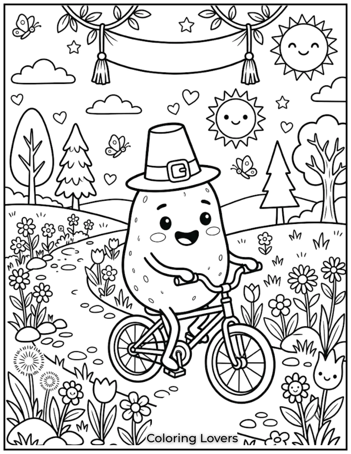 Free Potato Coloring Pages | The Cutest Printables for All 17 Color Potato riding a little bicycle along peaceful paths filled with flowers, butterflies, and bright sunny weather every day.