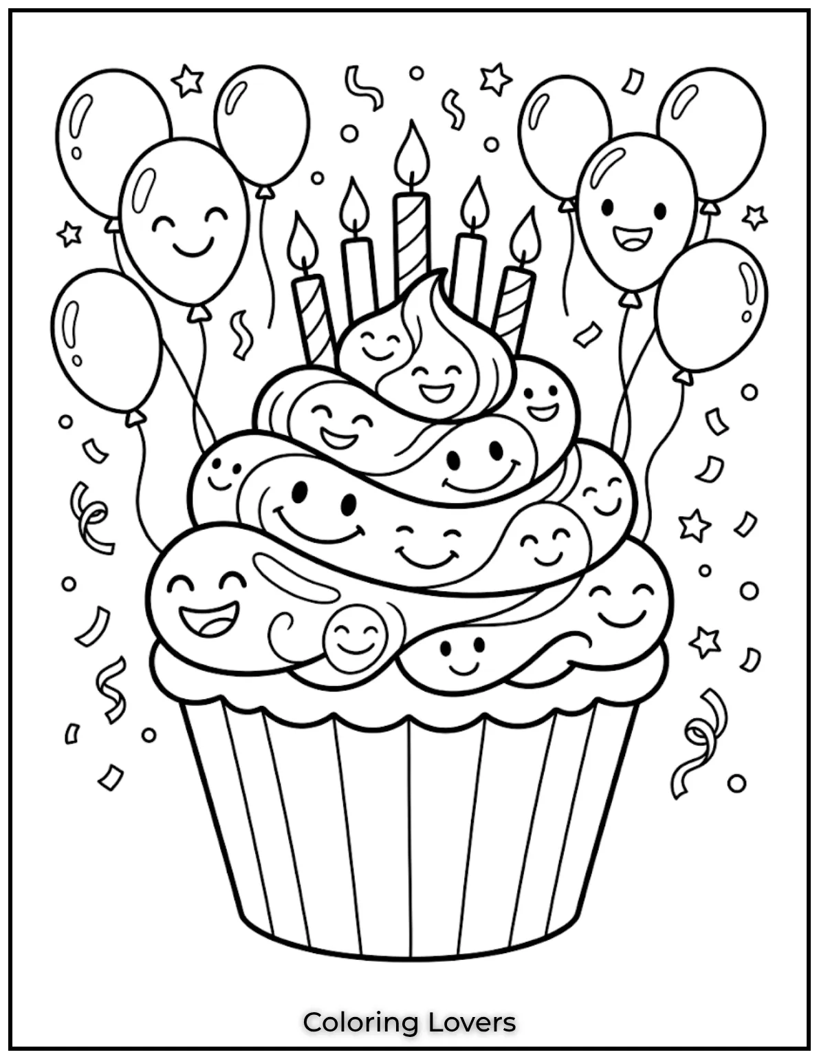 Surprising Cupcake Coloring Pages 9 Birthday cupcake coloring page includes candles, balloons, confetti, and fun smiling cupcake design.