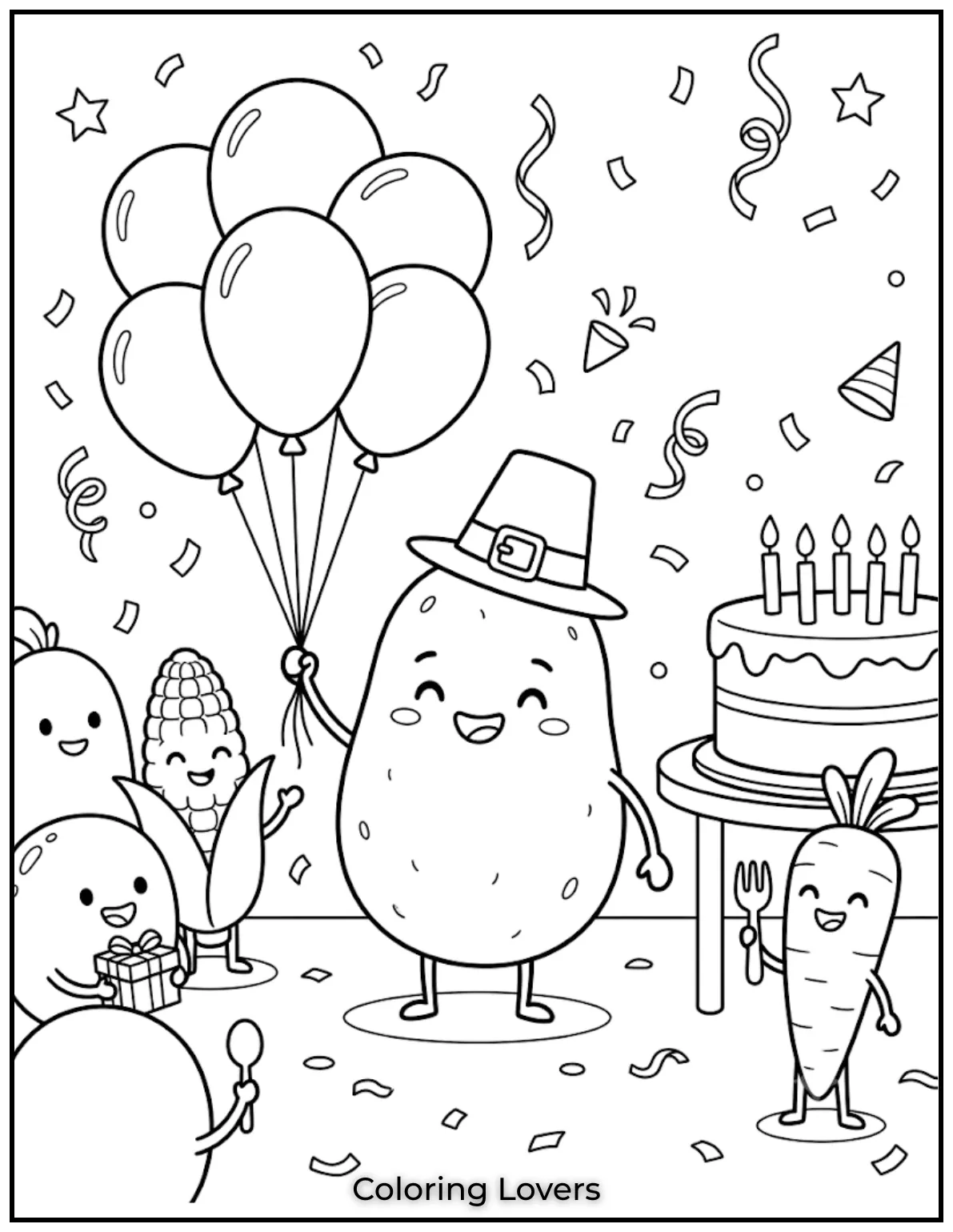 Free Potato Coloring Pages | The Cutest Printables for All 5 Color Potato celebrating birthdays with balloons, cake, gifts, confetti, and smiling friends enjoying cheerful party moments together.