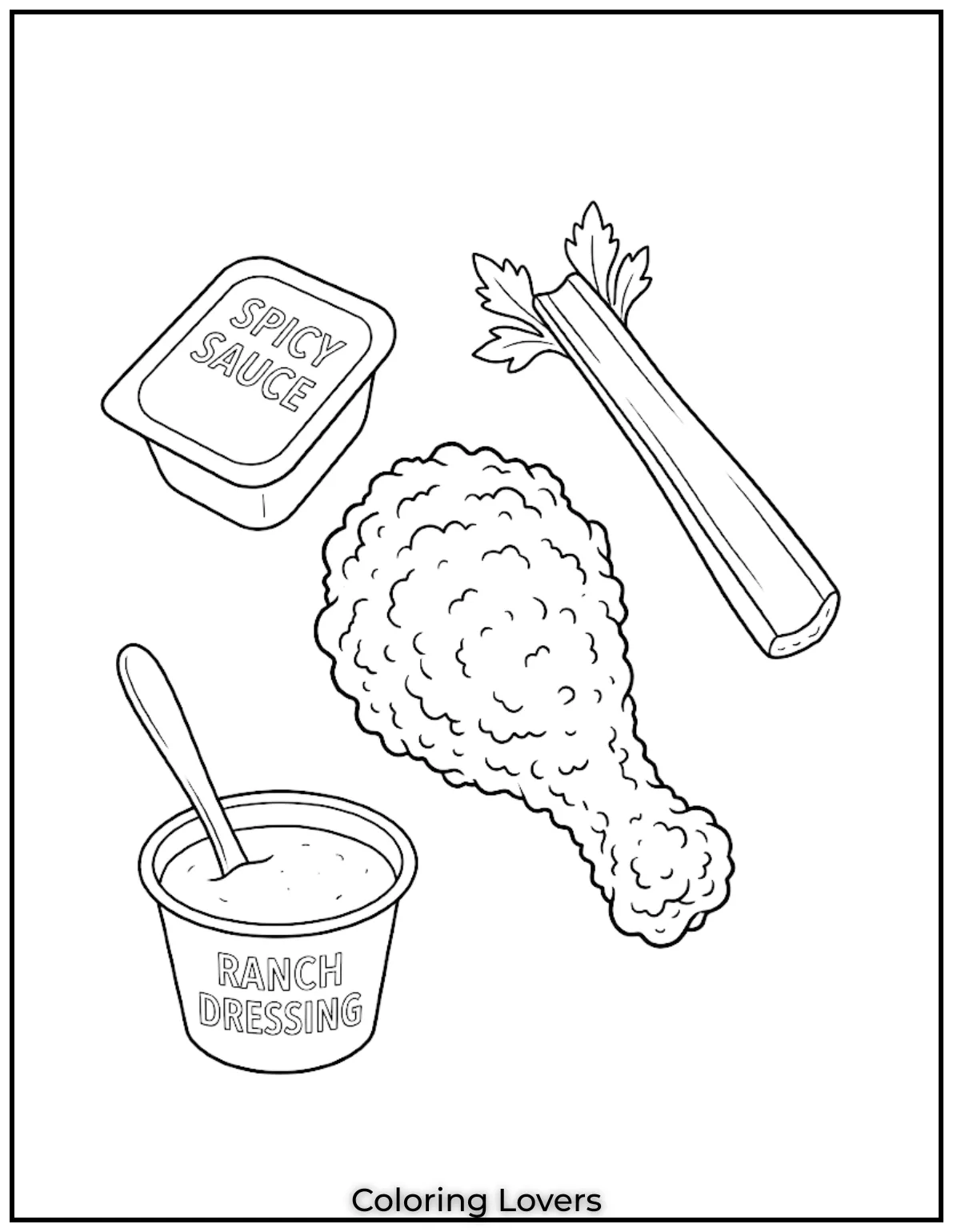 Fried Chicken Coloring Pages That Kids Absolutely Love! 10 Buffalo fried chicken coloring pages include spicy hot sauce coating with ranch dip and celery