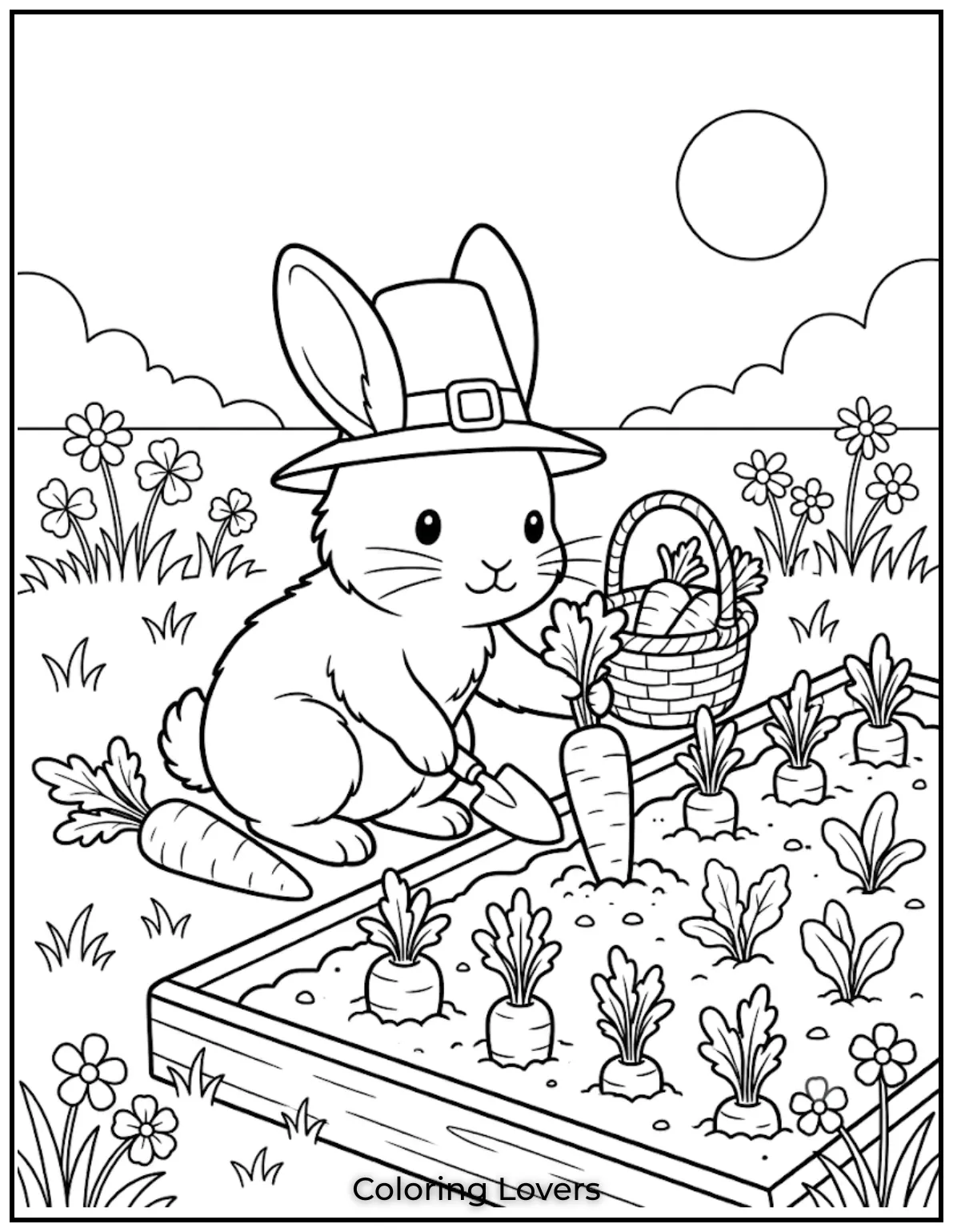 Carrot Coloring Pages That Kids Absolutely Love to Print 19 This carrot coloring page shows a bunny collecting carrots from a colorful garden patch.