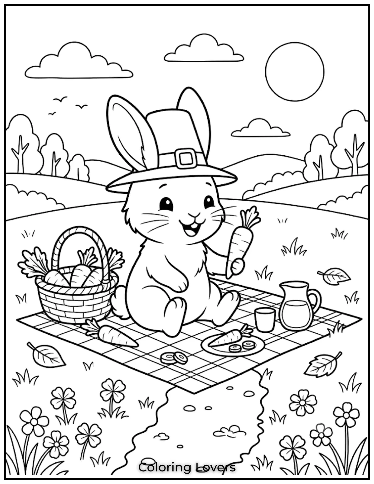 Carrot Coloring Pages That Kids Absolutely Love to Print 20 This carrot coloring page features a bunny enjoying a picnic with favorite carrot treats.