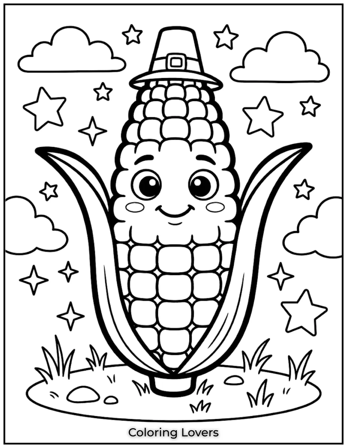 Fall in Love with These Adorable Corn Coloring Pages 13 This cartoon corn coloring page features playful characters with bold outlines and easy shapes children always enjoy coloring.