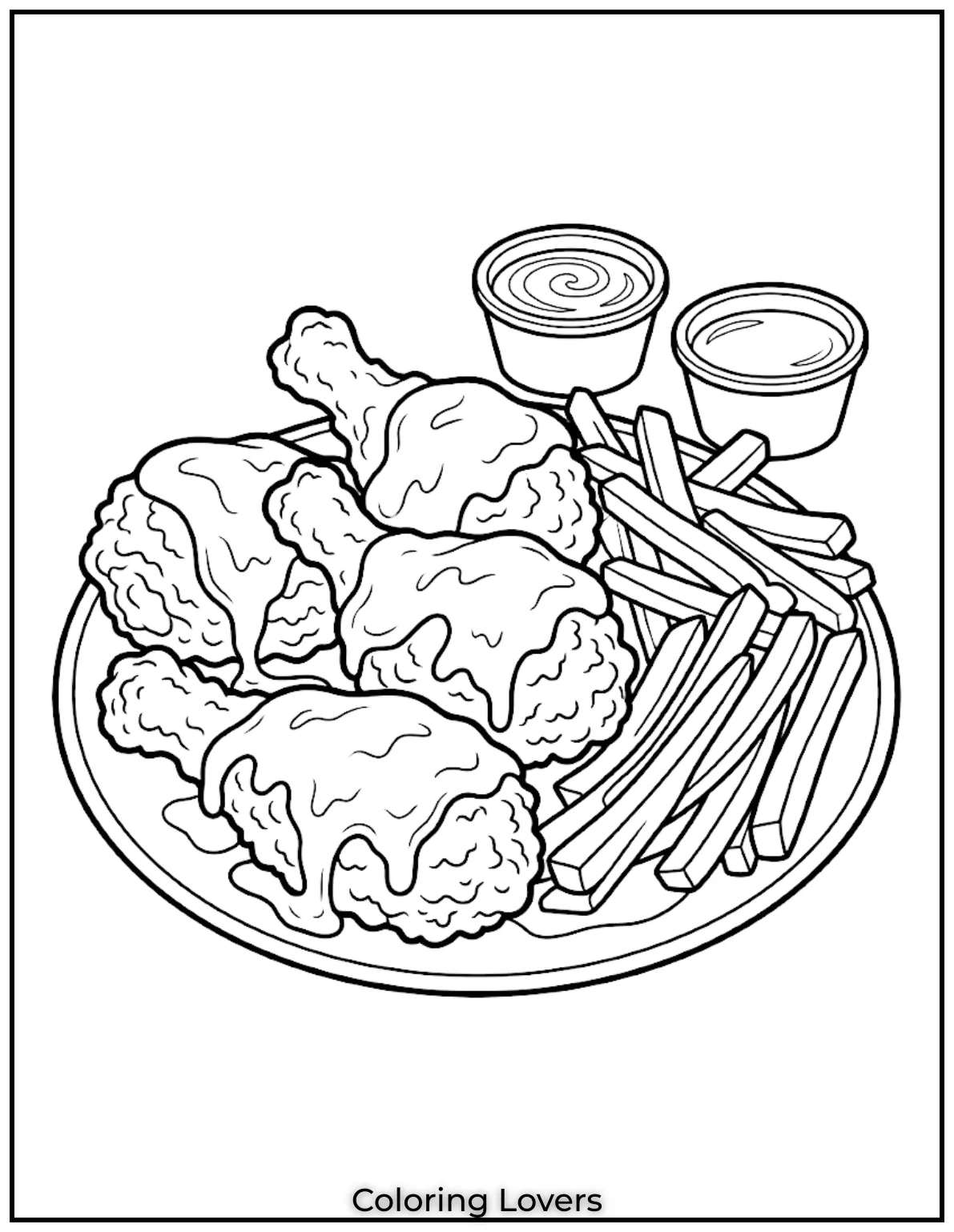 Fried Chicken Coloring Pages That Kids Absolutely Love! 7 Cheese loaded fried chicken coloring pages show melted cheese sauce over crispy chicken with fries
