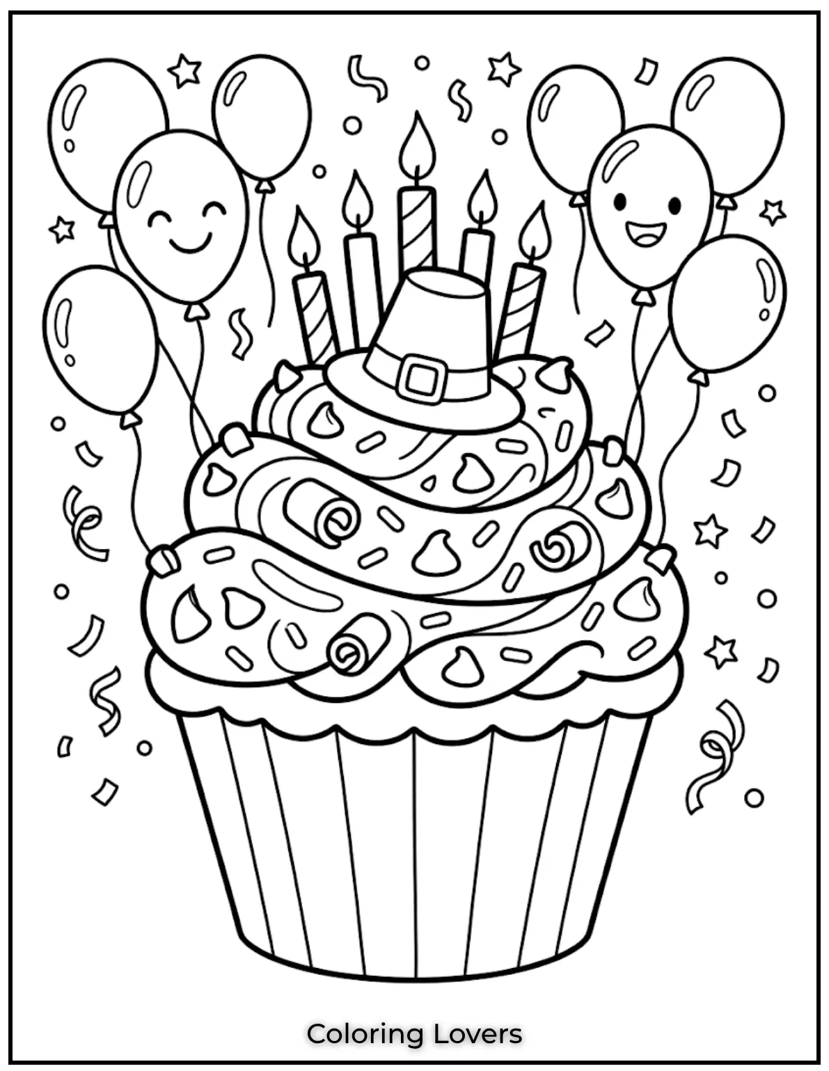 Surprising Cupcake Coloring Pages 18 Chocolate cupcake coloring page shows rich frosting, chips, sprinkles, and bold clean outlines.