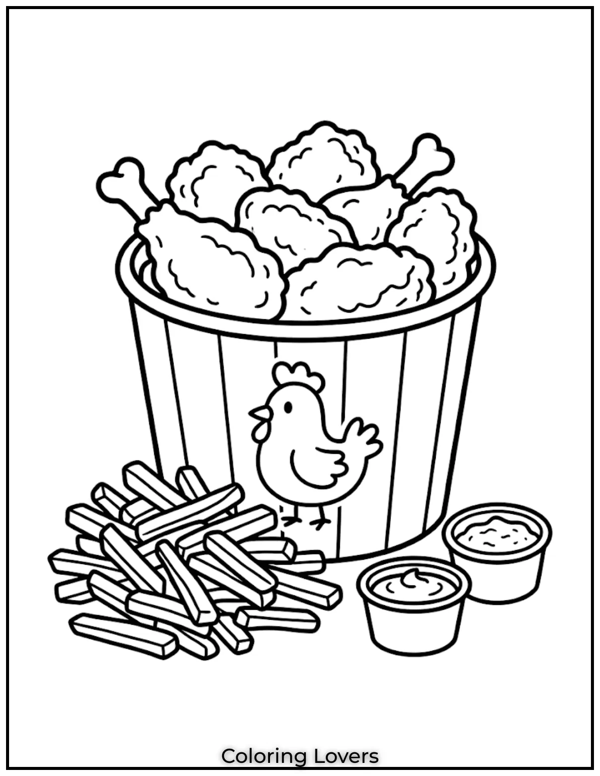 Fried Chicken Coloring Pages That Kids Absolutely Love! 3 Crispy fried chicken bucket coloring pages show real meals with sauces fries and simple sides