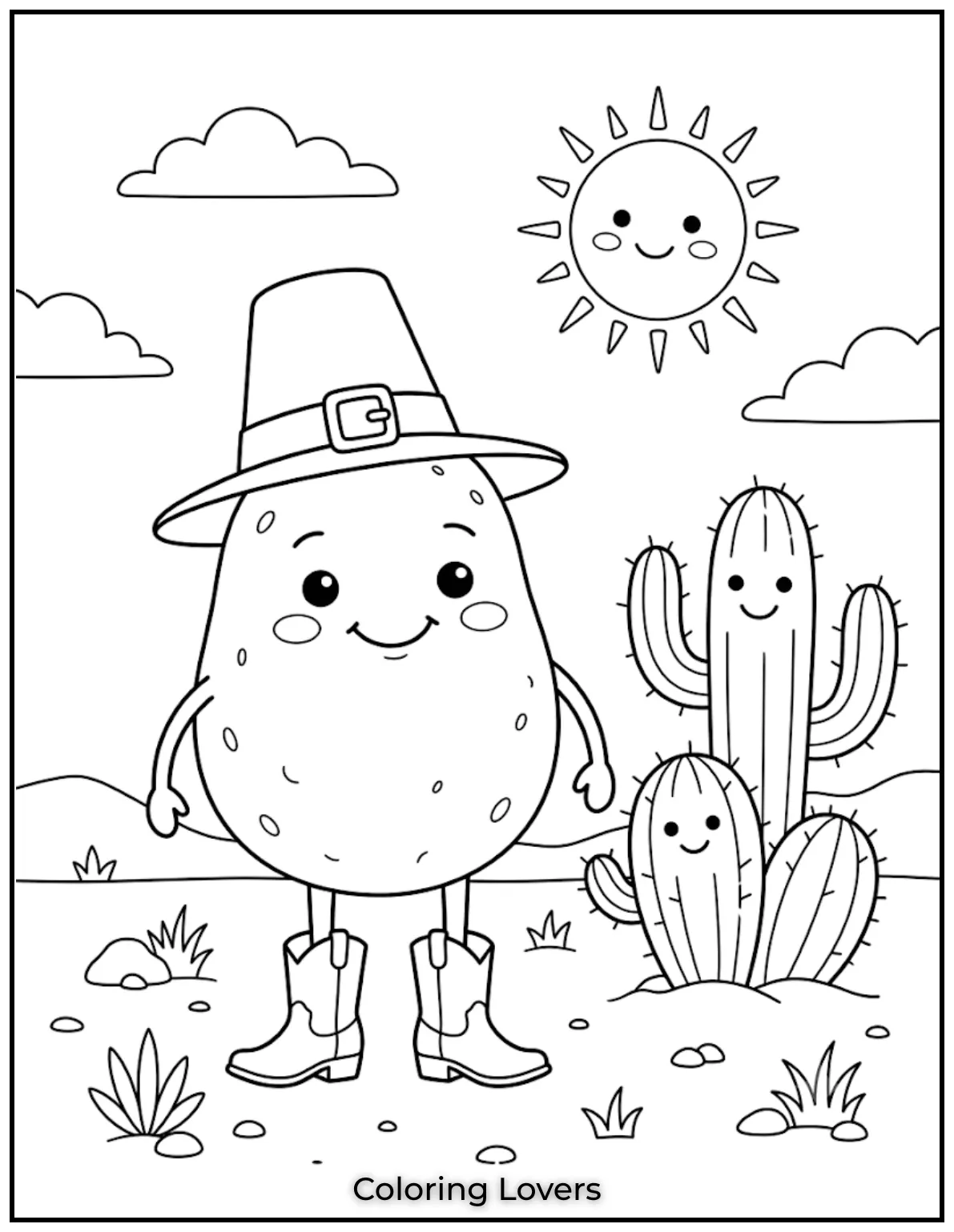 Free Potato Coloring Pages | The Cutest Printables for All 3 Draw Potato wearing cowboy clothes, boots, and hat while happily exploring a sunny desert with friendly cactus plants.