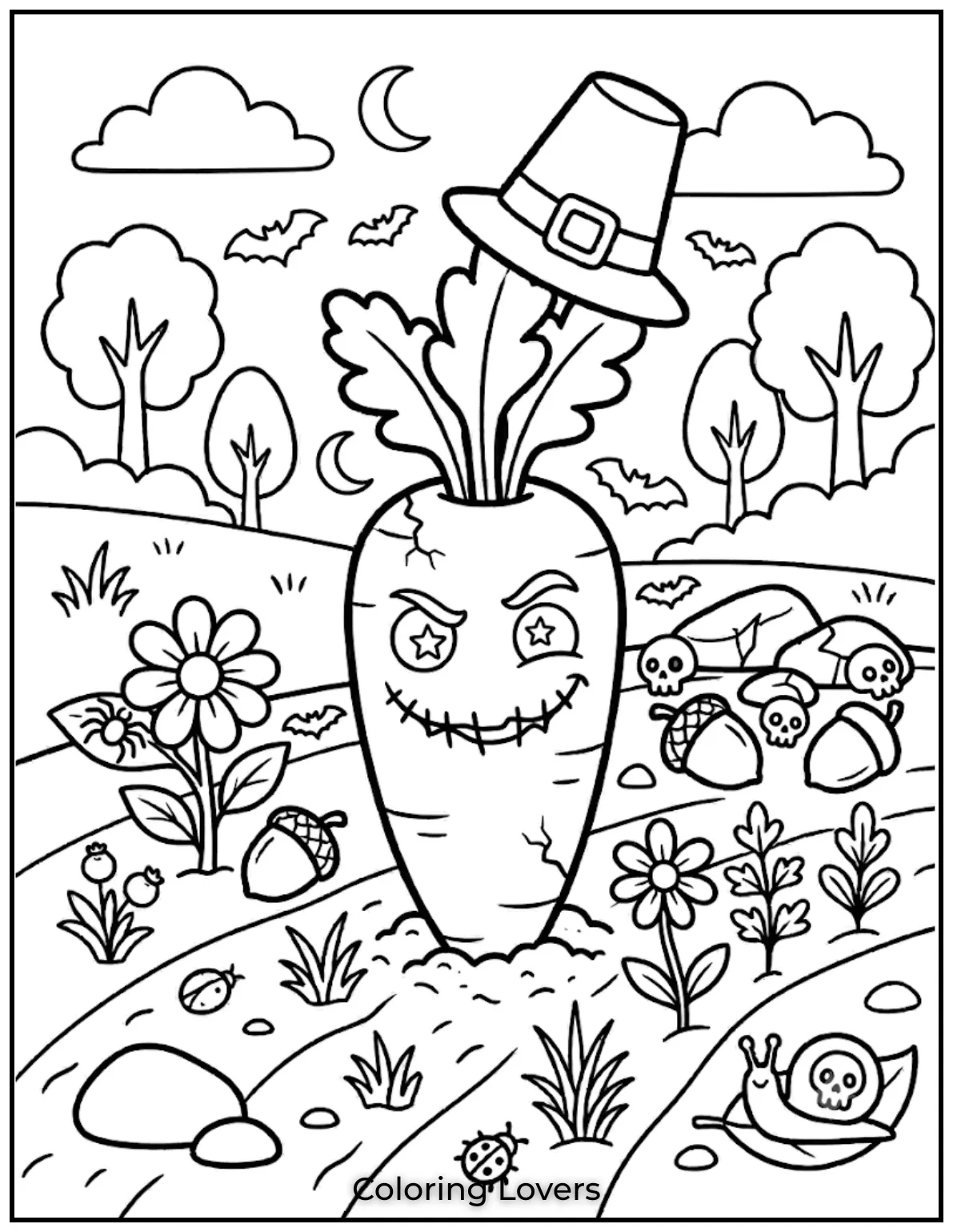 Carrot Coloring Pages That Kids Absolutely Love to Print 9 This carrot coloring page features a creepy carrot with spooky eyes and simple details.