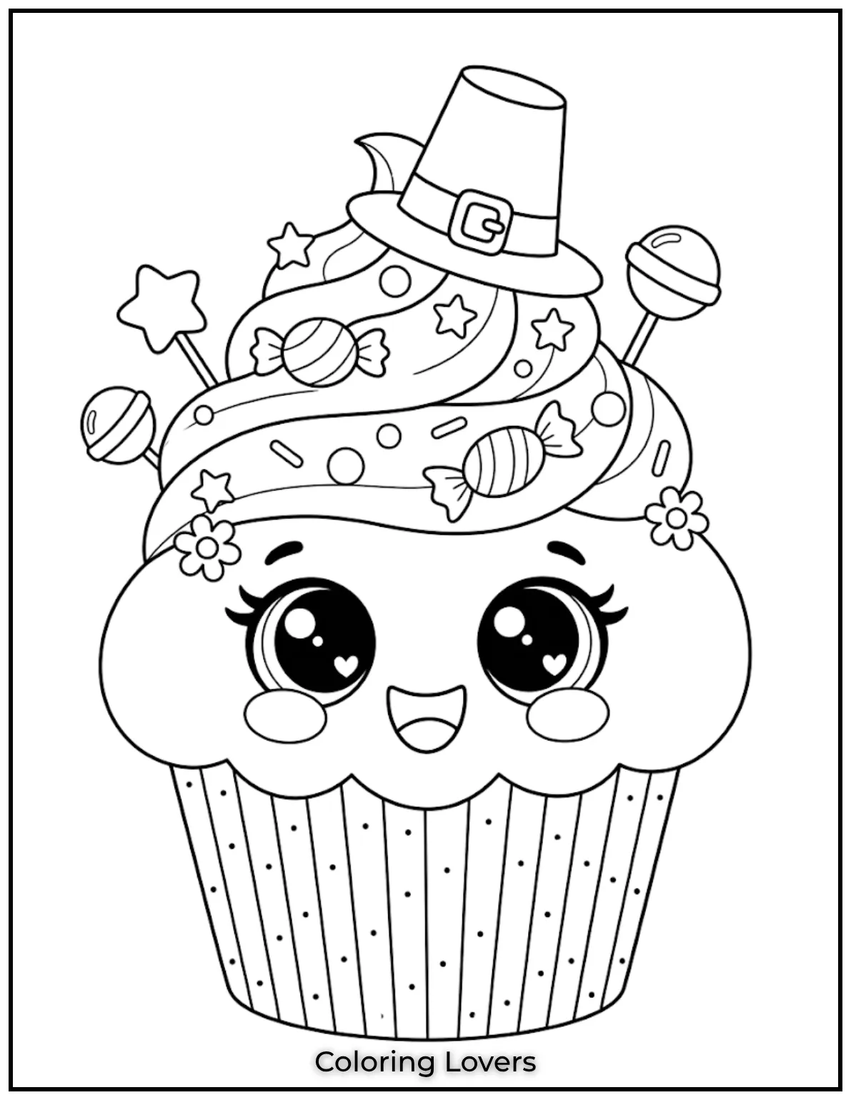 Surprising Cupcake Coloring Pages 8 Extra cute cupcake coloring page includes big eyes, candies, sprinkles, and bold lines.
