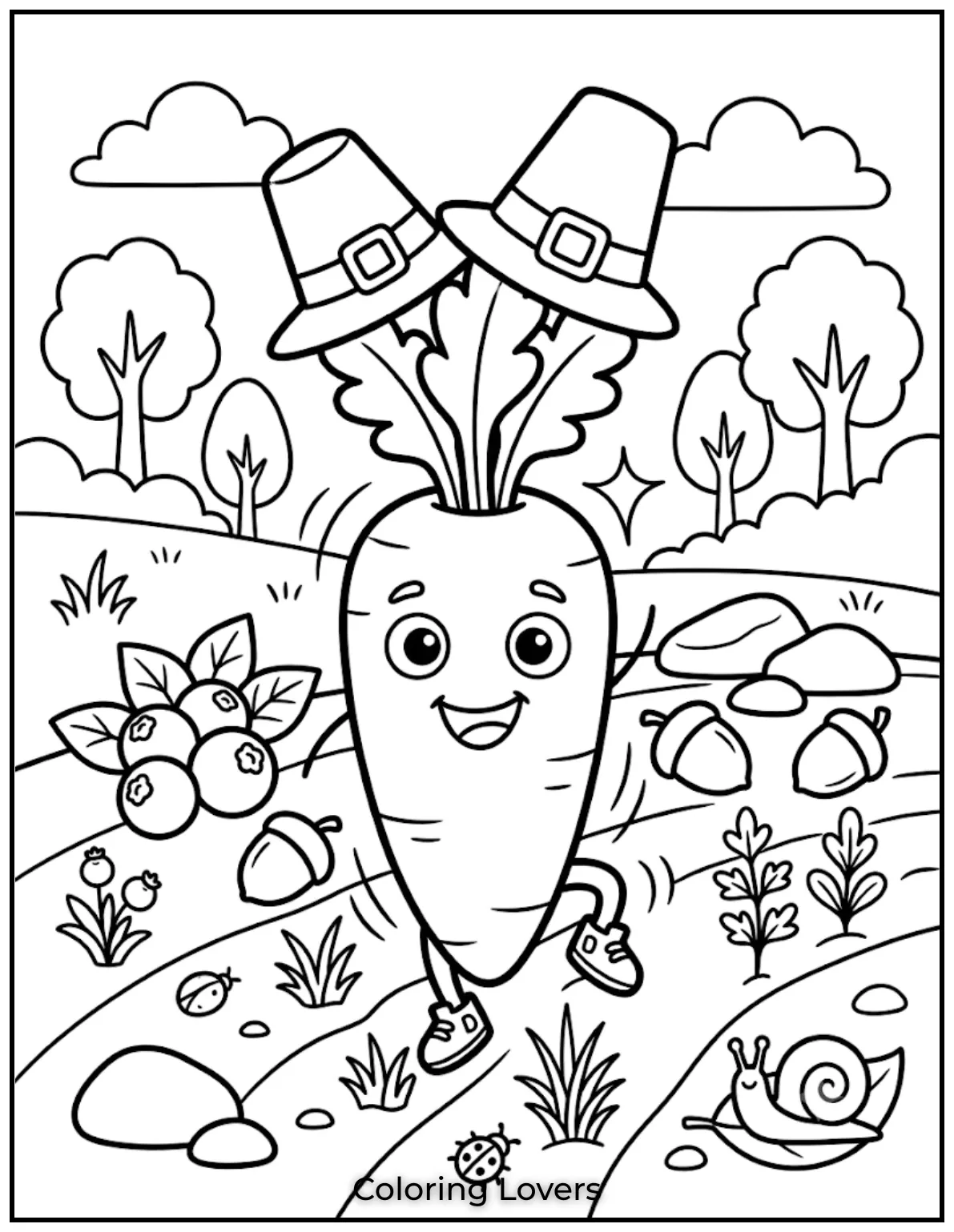Carrot Coloring Pages That Kids Absolutely Love to Print 6 This carrot coloring page shows a dancing carrot character enjoying a fun and cheerful day.