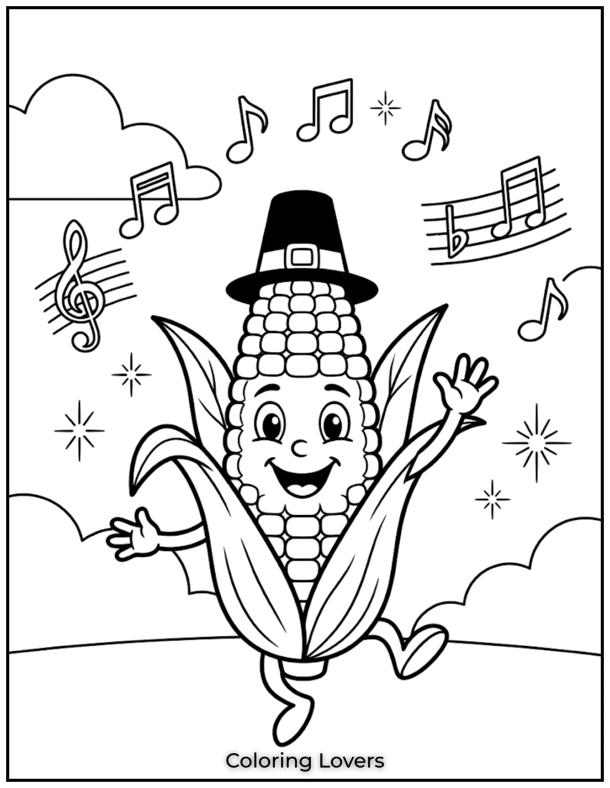 Fall in Love with These Adorable Corn Coloring Pages 18 This dancing corn coloring page brings happy movements, smiling faces, and bold outlines children love coloring every single time.