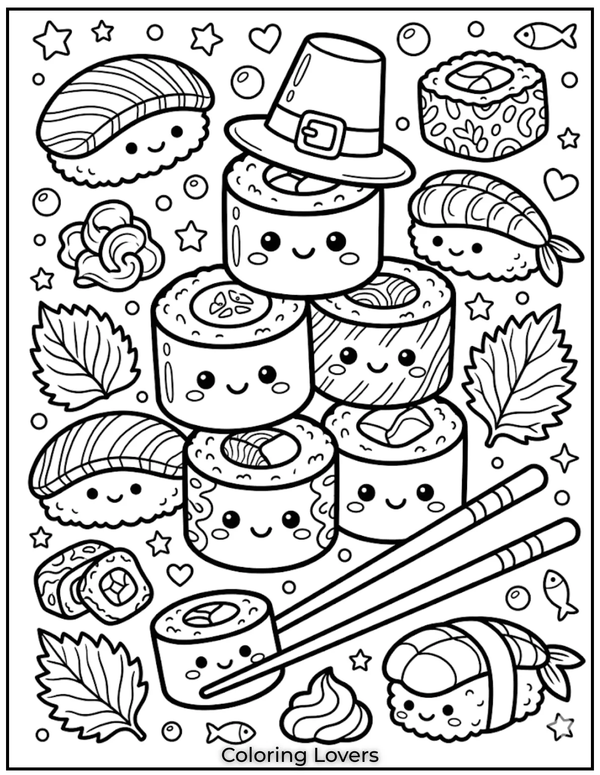 Cute Sushi Coloring Pages All Will Absolutely Love 19 This decorative sushi coloring page showcases artistic presentation while encouraging colorful creative expression.