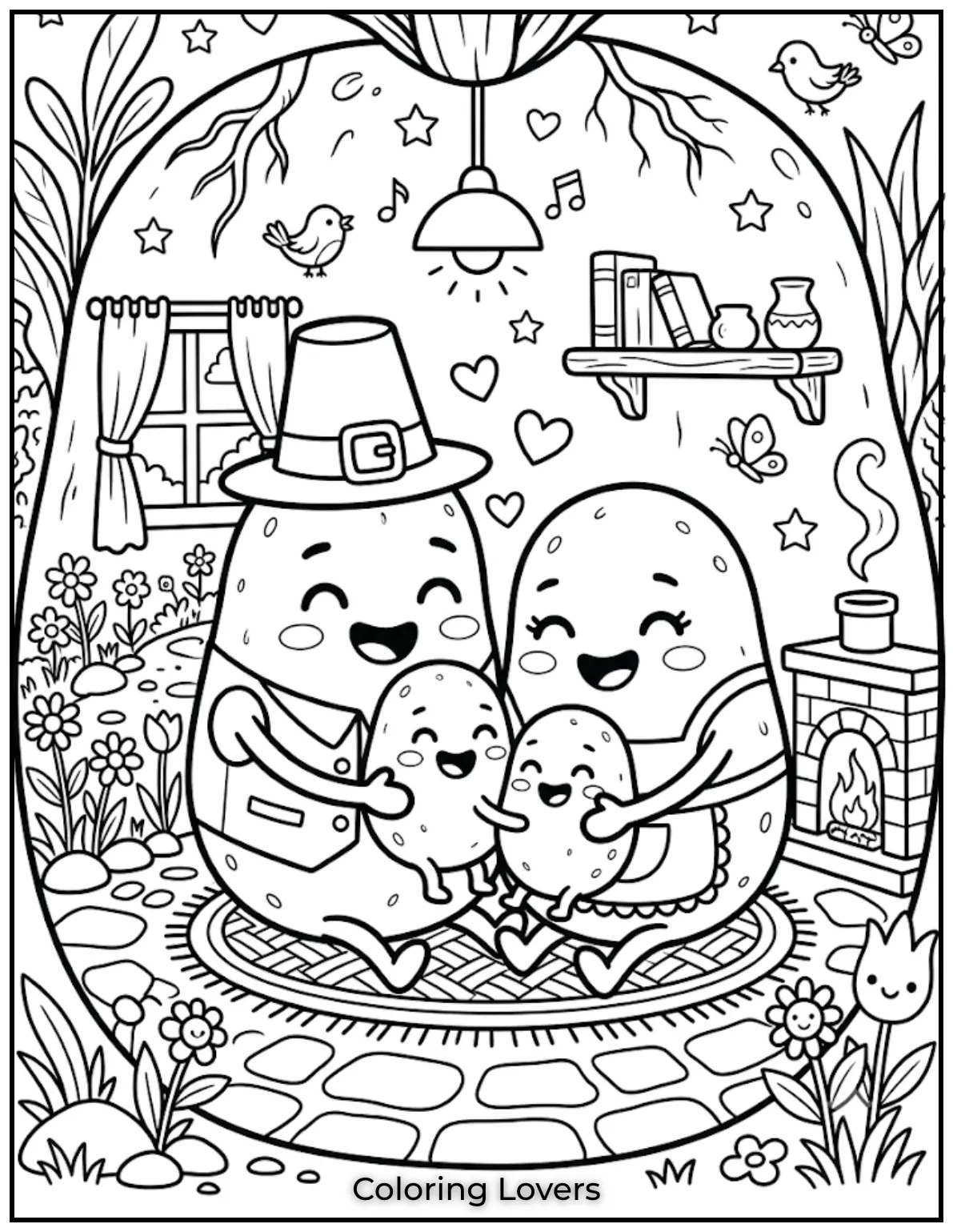 Free Potato Coloring Pages | The Cutest Printables for All 16 Draw a happy Potato family sharing hugs, laughter, love, and fun moments inside their cozy vegetable home together.