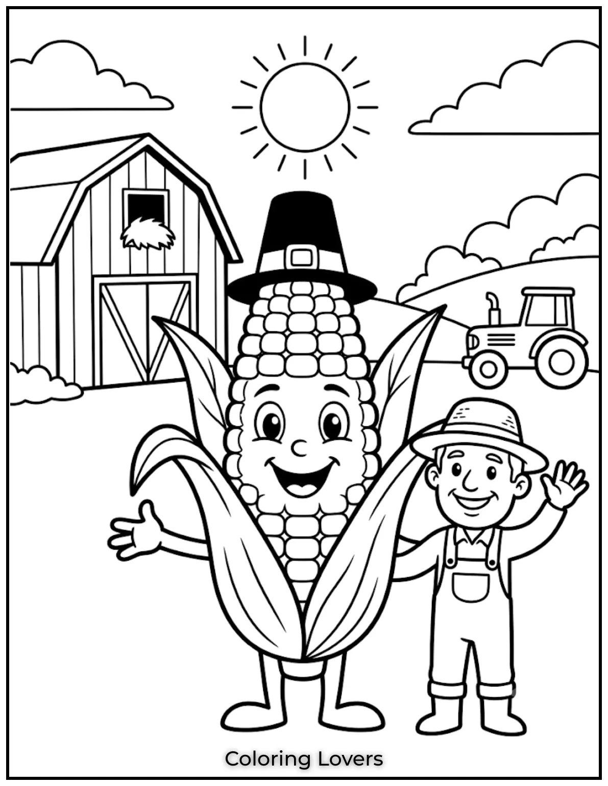Fall in Love with These Adorable Corn Coloring Pages 17 A farmer corn coloring page includes cheerful farm scenes with large shapes and simple backgrounds for easy coloring.