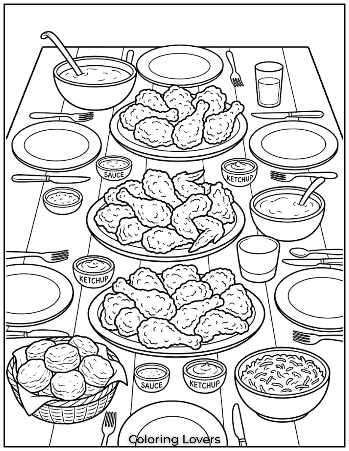 Fried Chicken Coloring Pages That Kids Absolutely Love! 20 Maryland fried chicken feast coloring pages show family meal table with chicken gravy and sauces