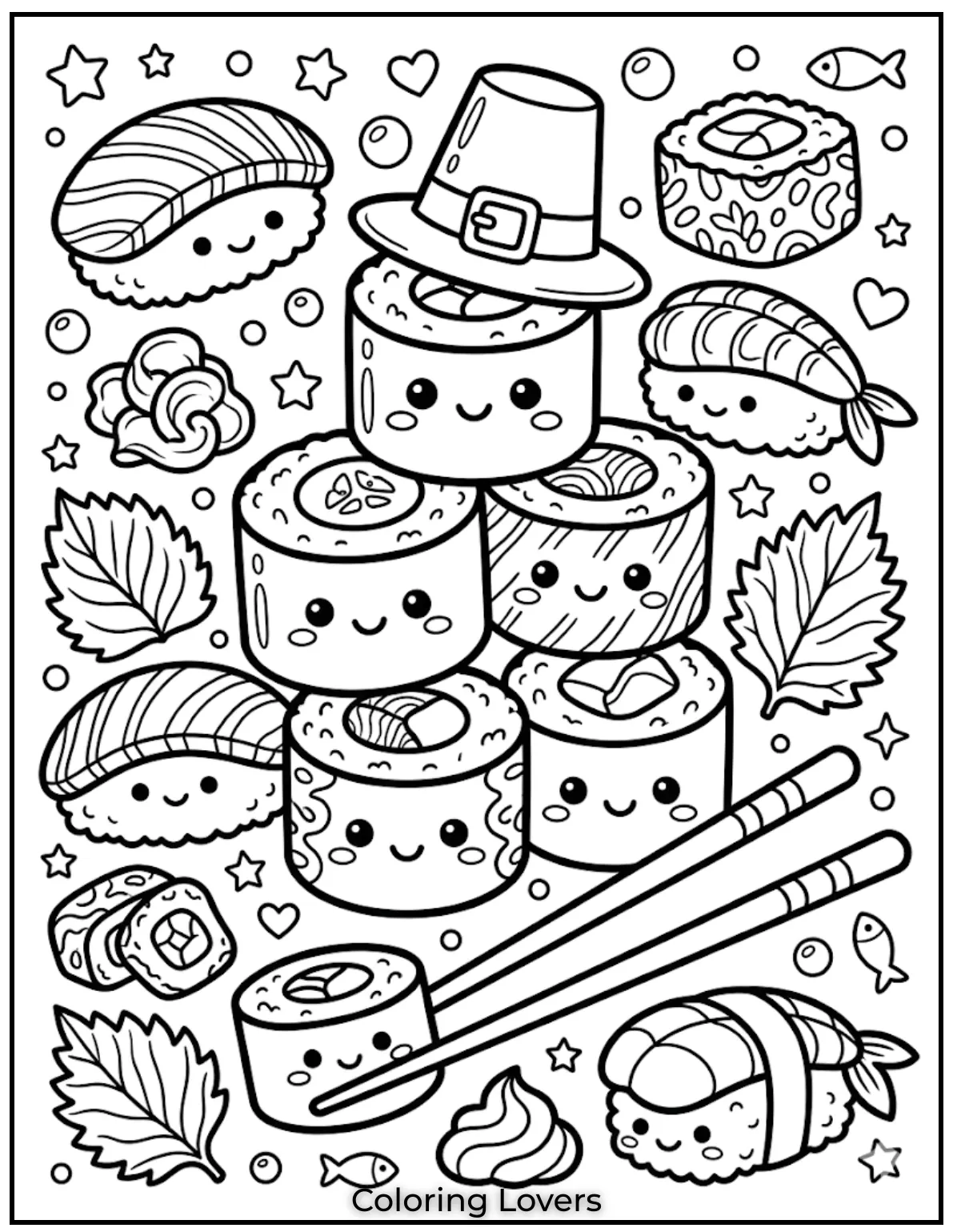 Cute Sushi Coloring Pages All Will Absolutely Love 20 The finale sushi coloring page concludes the collection with exciting details and coloring fun.