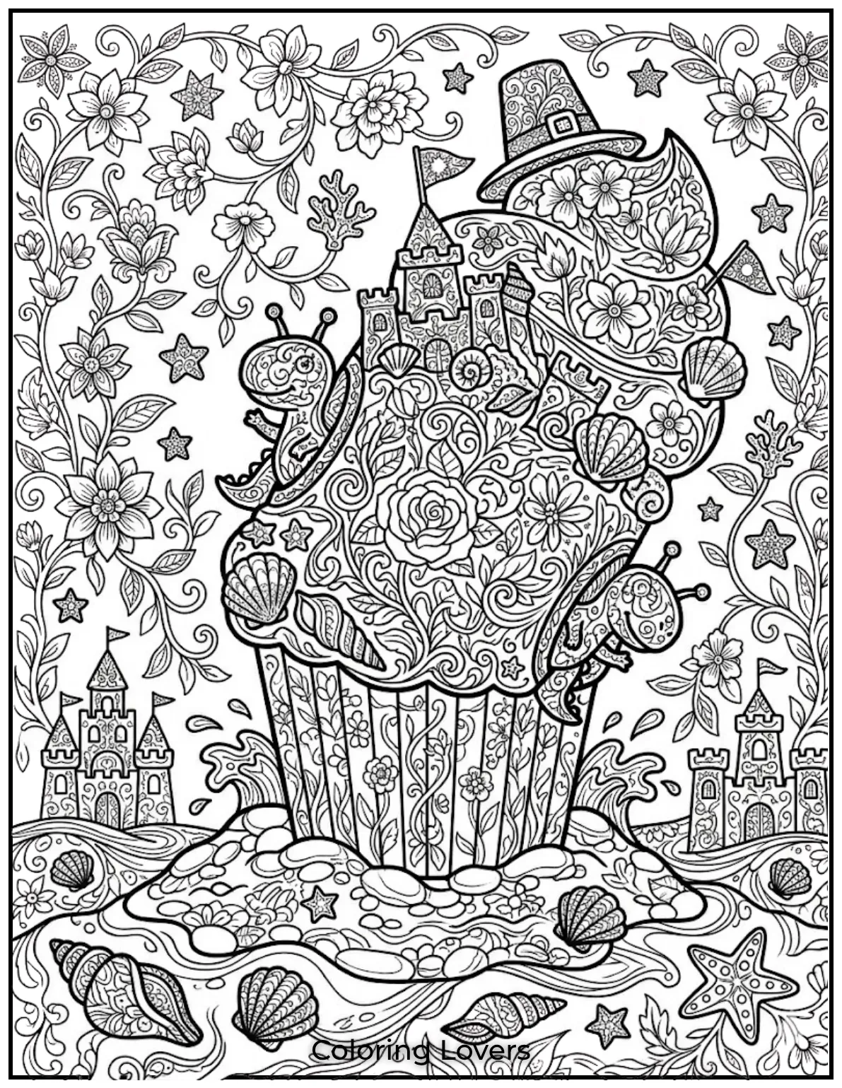 Surprising Cupcake Coloring Pages 15 Floral cupcake coloring page includes detailed flowers, leaves, vines, and elegant artistic patterns.