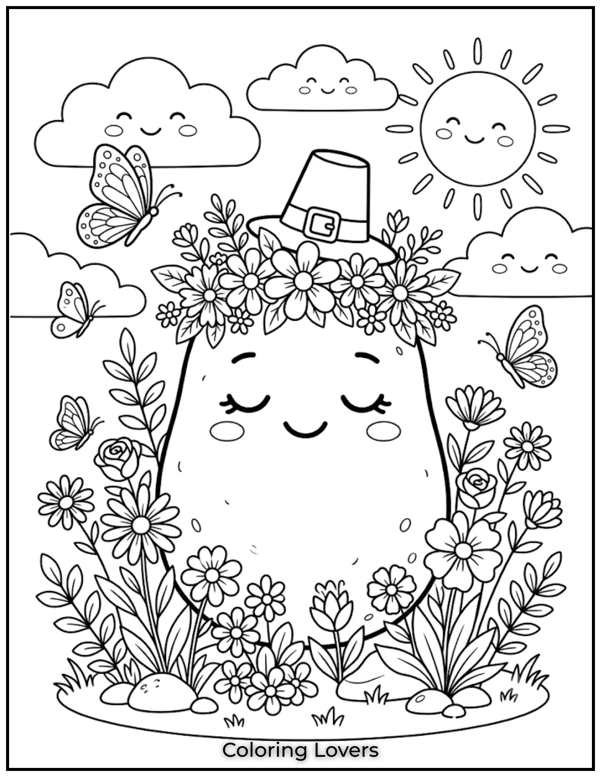 Free Potato Coloring Pages | The Cutest Printables for All 12 Draw Potato wearing a beautiful flower crown, surrounded by blooming flowers, butterflies, and warm sunshine every peaceful morning.