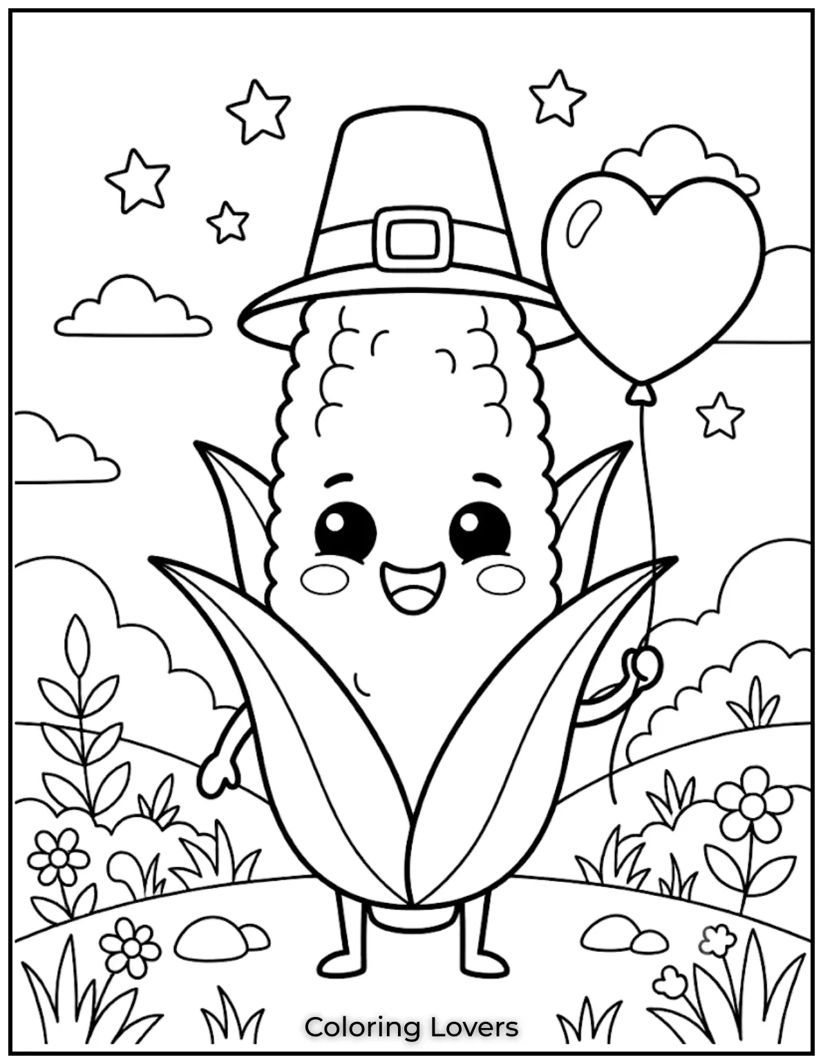 Fall in Love with These Adorable Corn Coloring Pages 7 This friendly corn coloring page shows cheerful corn holding balloons with bold outlines for easy coloring every time.