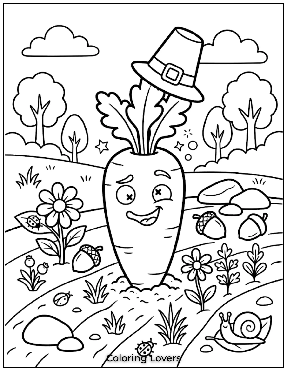 Carrot Coloring Pages That Kids Absolutely Love to Print 8 This carrot coloring page shows a funny carrot wearing accessories and making silly faces.