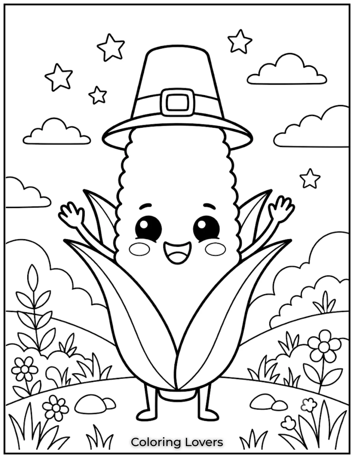 Fall in Love with These Adorable Corn Coloring Pages 6 A funny corn coloring page with a playful hat makes every coloring session exciting and full of laughter.