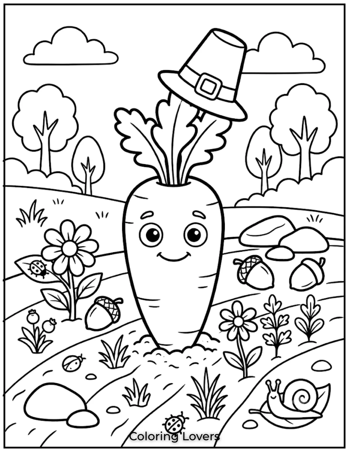 Carrot Coloring Pages That Kids Absolutely Love to Print 7 This carrot coloring page features a fresh garden carrot surrounded by flowers and plants.