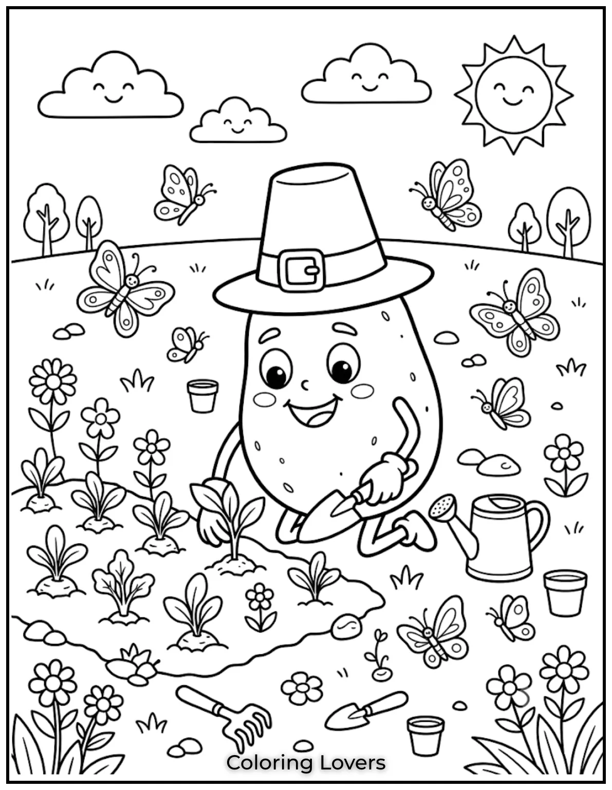 Free Potato Coloring Pages | The Cutest Printables for All 19 Color Potato planting fresh vegetables, watering flowers, and enjoying peaceful garden fun with buzzing bees every morning together.