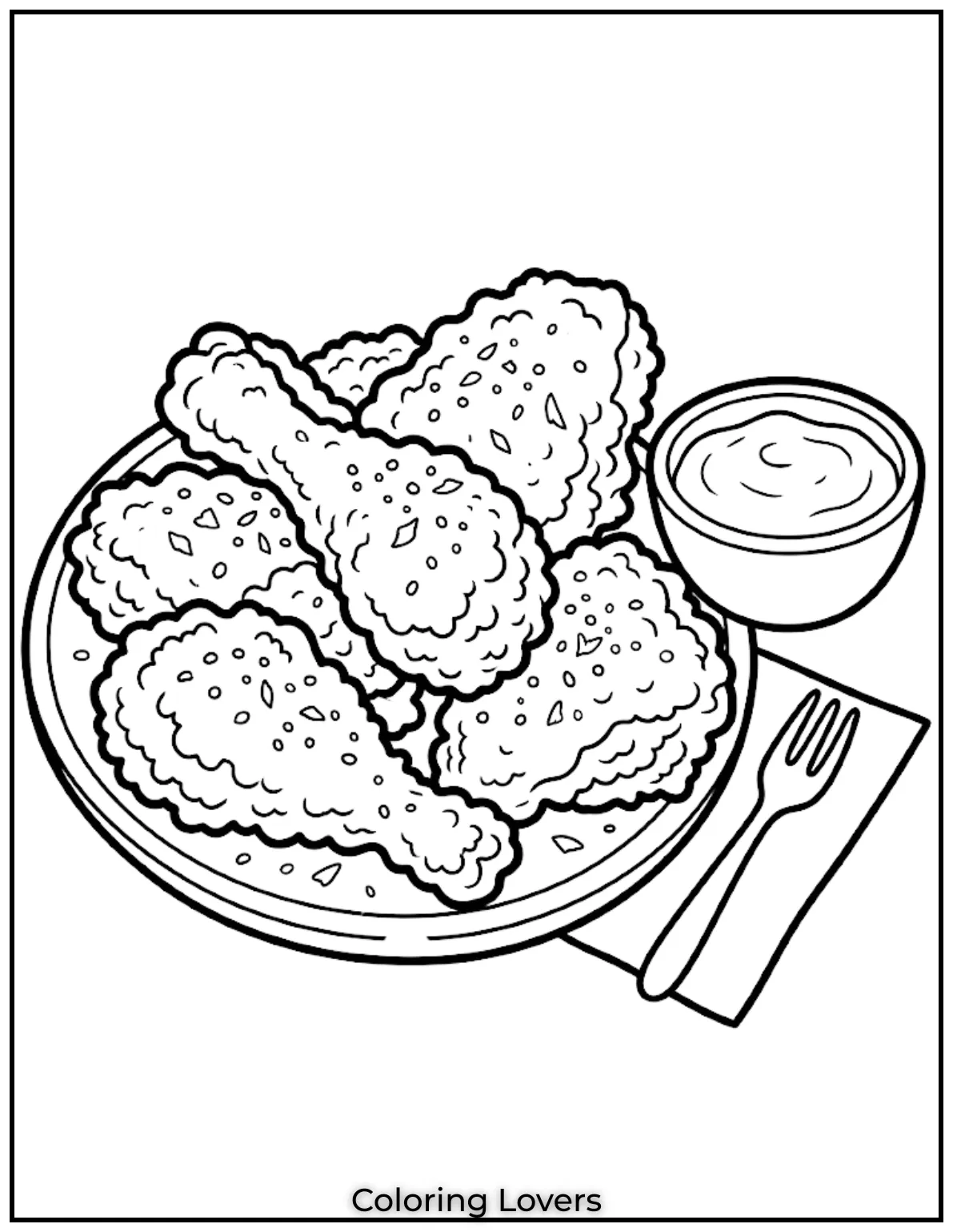 Fried Chicken Coloring Pages That Kids Absolutely Love! 6 Garlic parmesan fried chicken coloring pages include cheesy coating with creamy dip sauces and sides