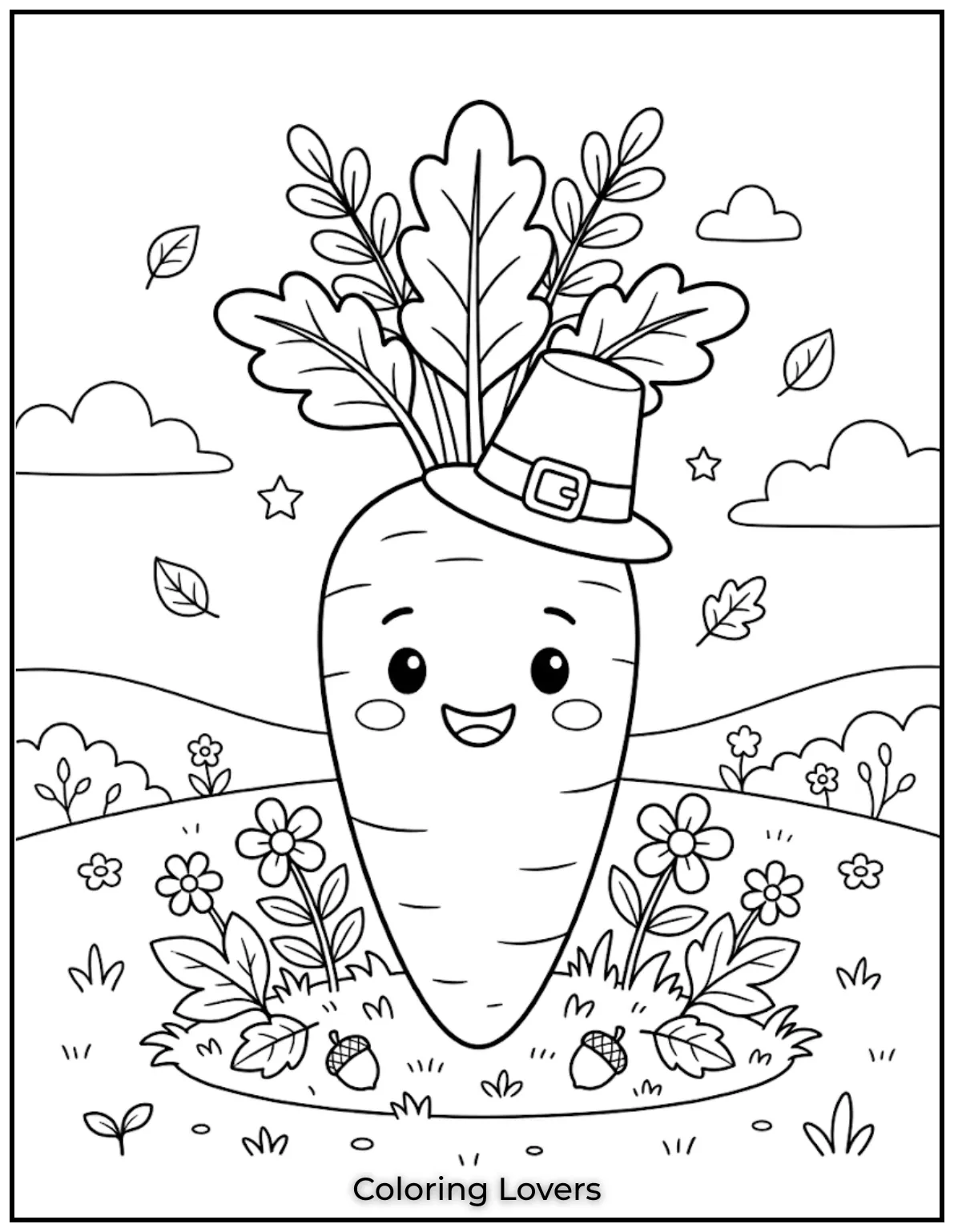 Carrot Coloring Pages That Kids Absolutely Love to Print 4 This carrot coloring page features a giant carrot growing proudly in a peaceful garden.