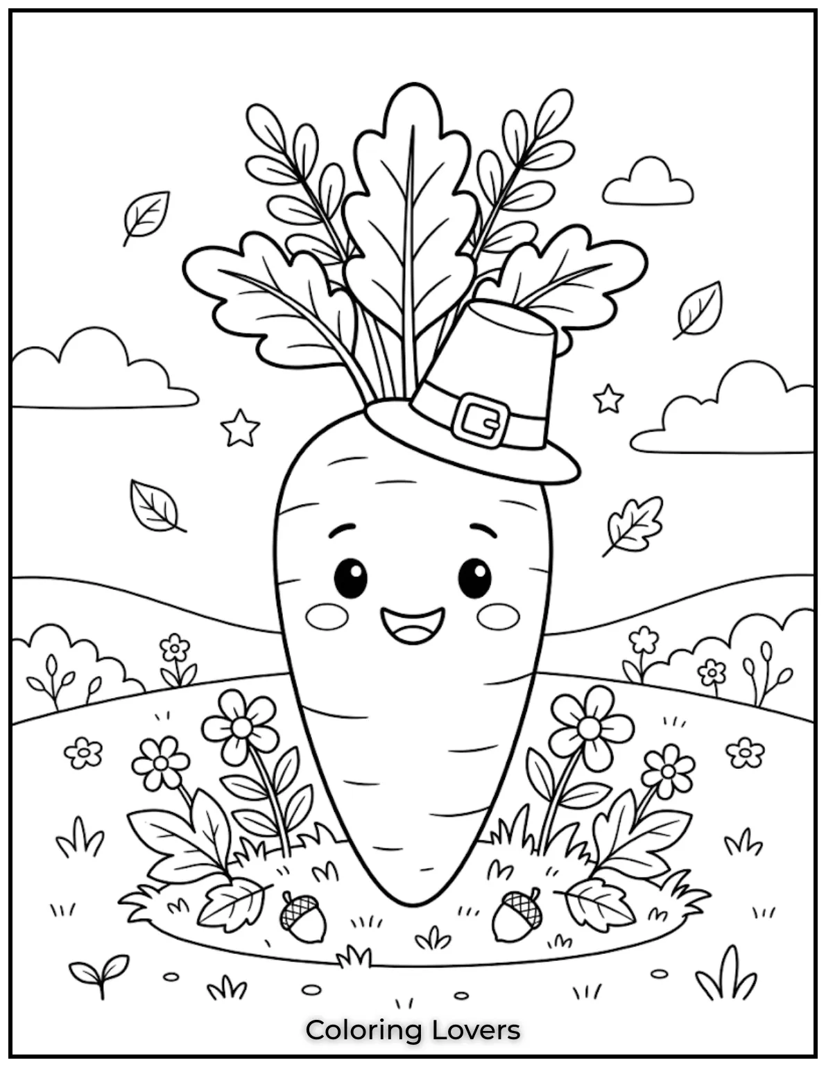 Carrot Coloring Pages That Kids Absolutely Love to Print 3 This carrot coloring page shows a smiling carrot character with simple lines for young children.