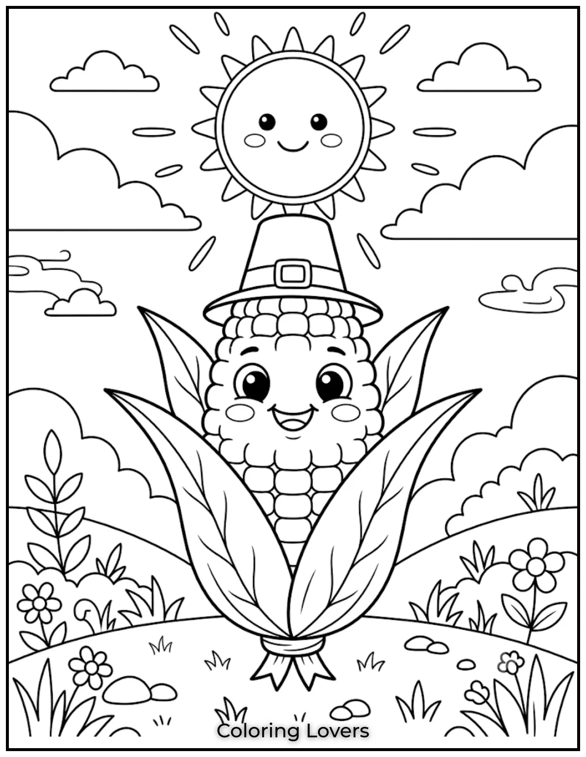 Fall in Love with These Adorable Corn Coloring Pages 3 A smiling corn with big eyes, simple leaves, bold outlines, and sunshine makes coloring fun for preschool children.