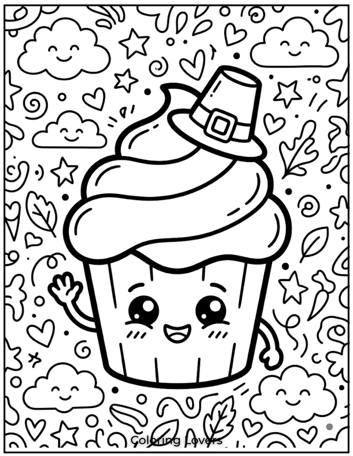 Surprising Cupcake Coloring Pages 4 Happy cupcake coloring page features cheerful character waving with clouds, hearts, and doodles.