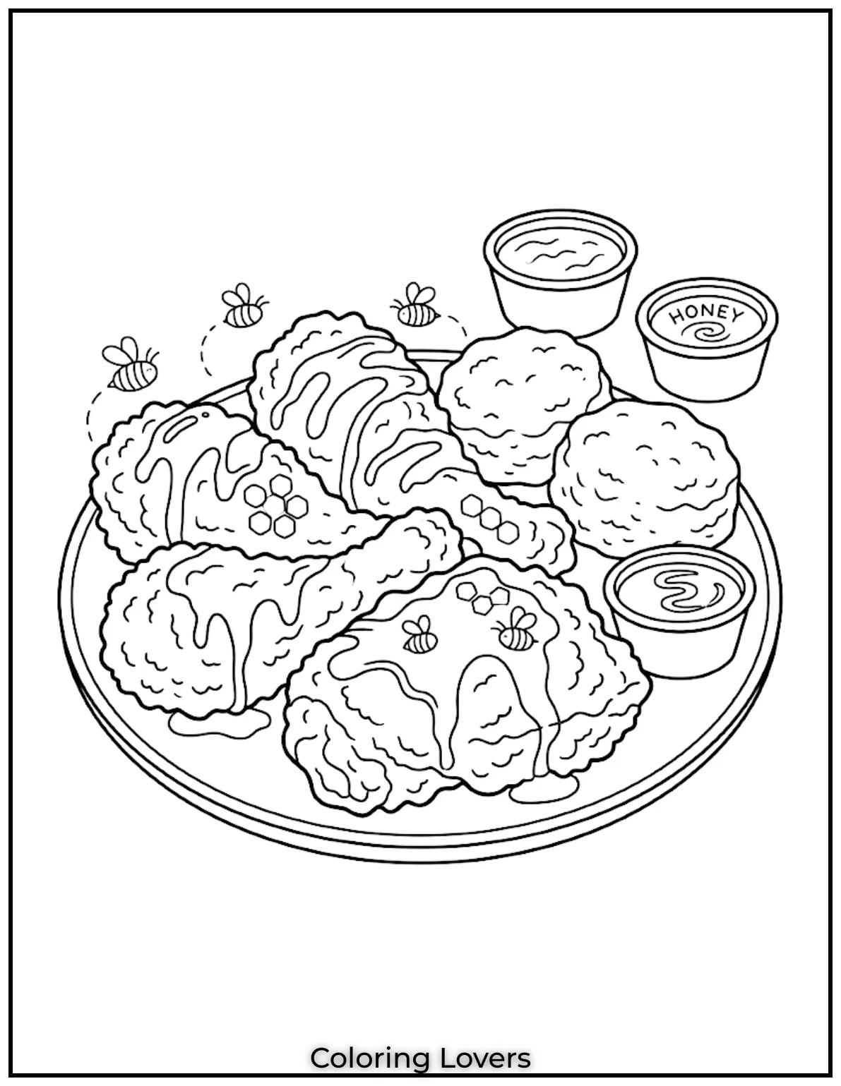 Fried Chicken Coloring Pages That Kids Absolutely Love! 5 Honey glazed fried chicken coloring pages show sweet drizzle sauce with biscuits and dipping cups