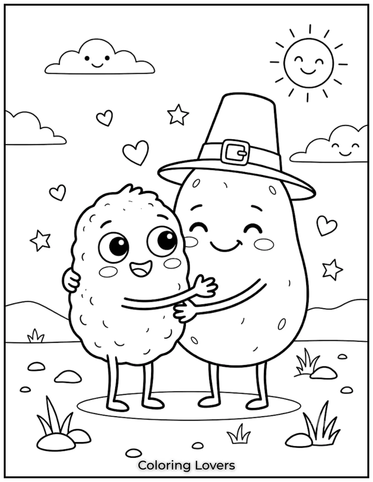 Free Potato Coloring Pages | The Cutest Printables for All 6 Draw Chip hugging Potato with happy smiles, showing friendship, kindness, love, and sweet family moments for everyone.