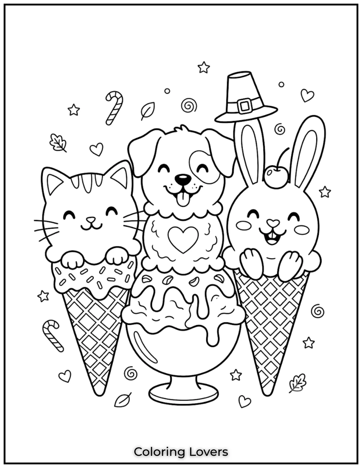 Ice Cream Coloring Pages: Sweet & Magical Fun 12 Cute animal-shaped ice-creams feature playful puppies, kittens, and bunnies for coloring fun today.